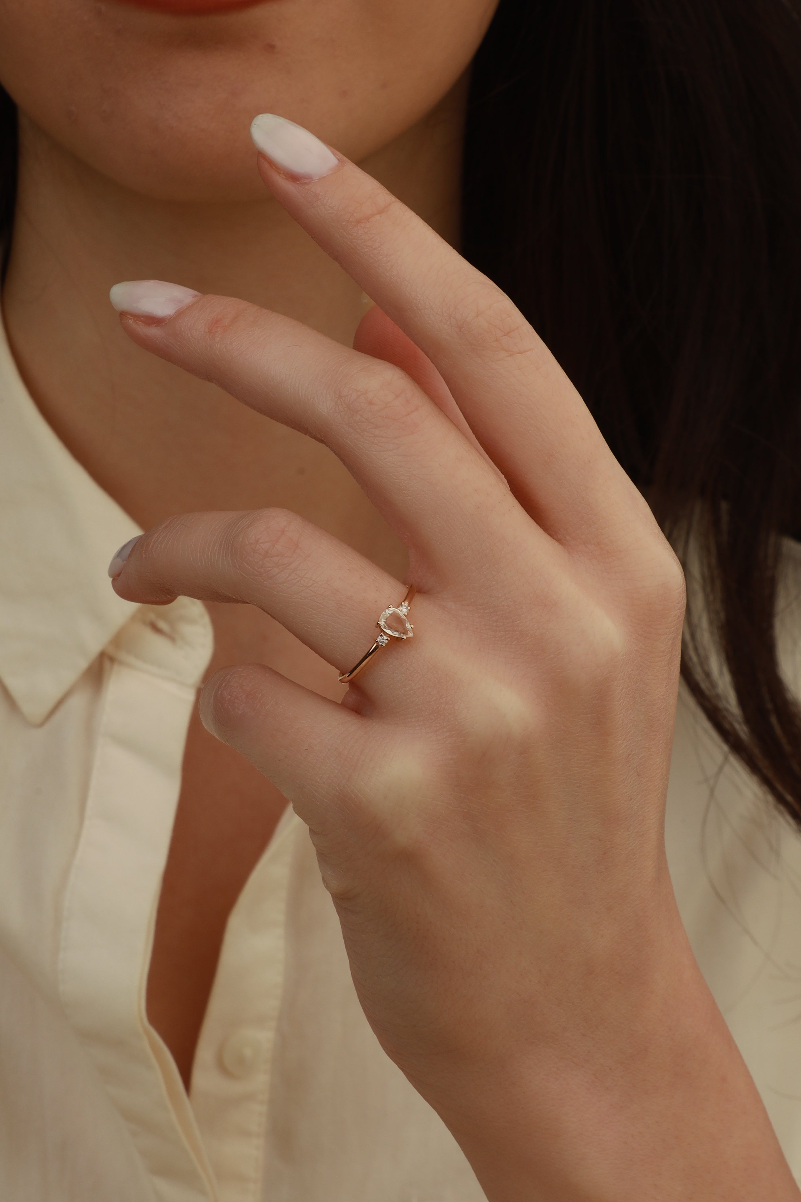 Pear Rose Cut White Sapphire & Diamond Ring – Trinity