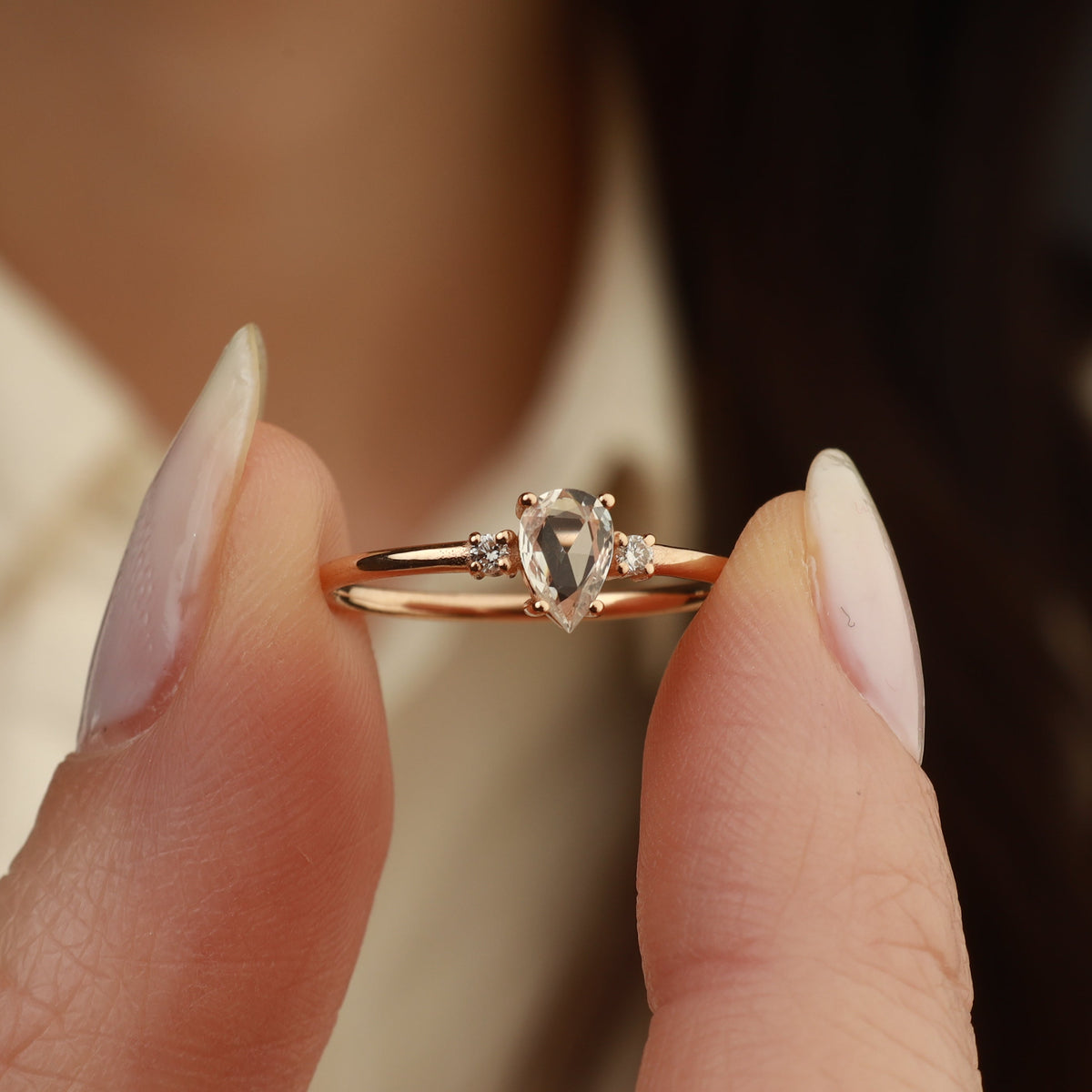 Pear Rose Cut White Sapphire & Diamond Ring – Trinity