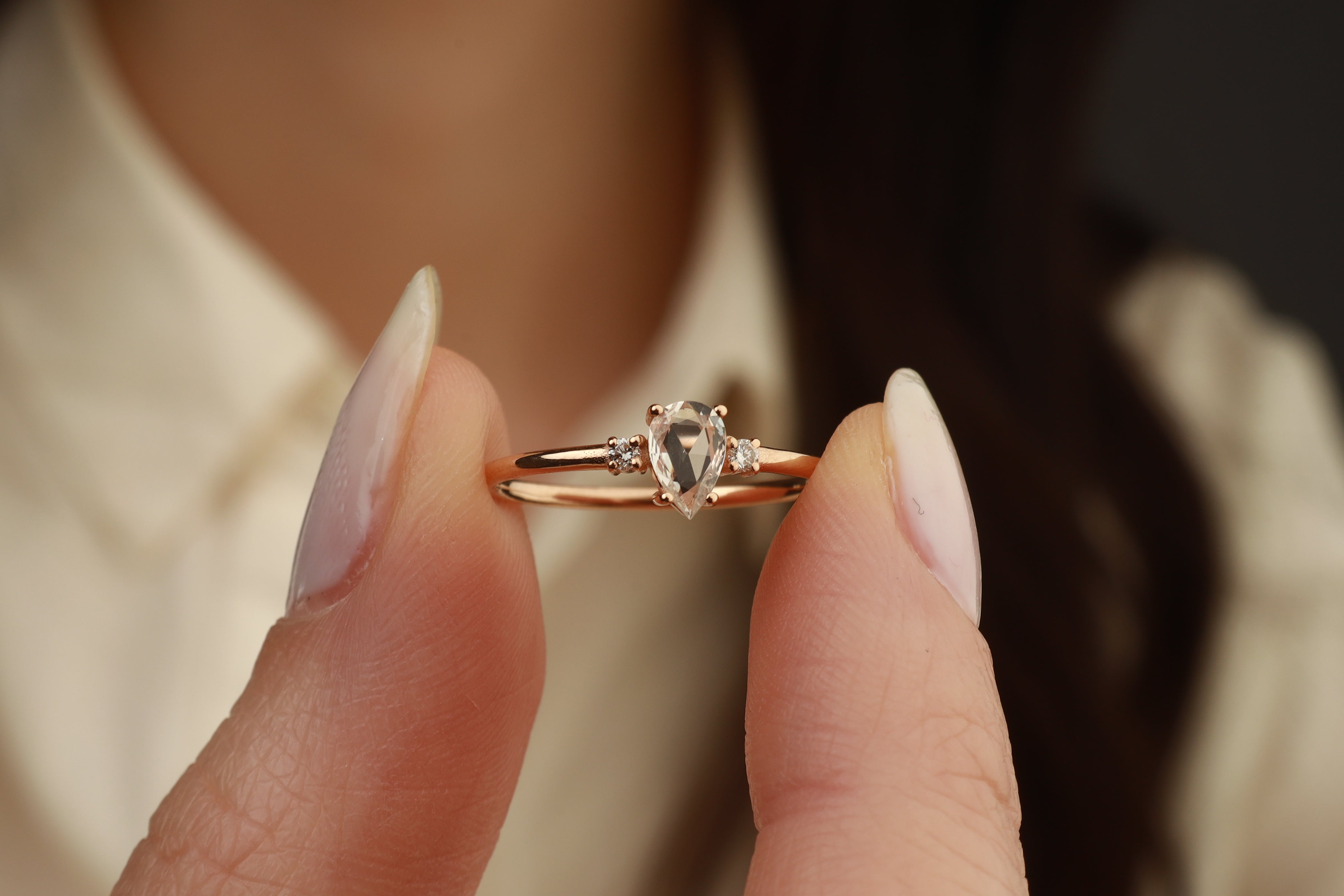 Pear Rose Cut White Sapphire & Diamond Ring – Trinity