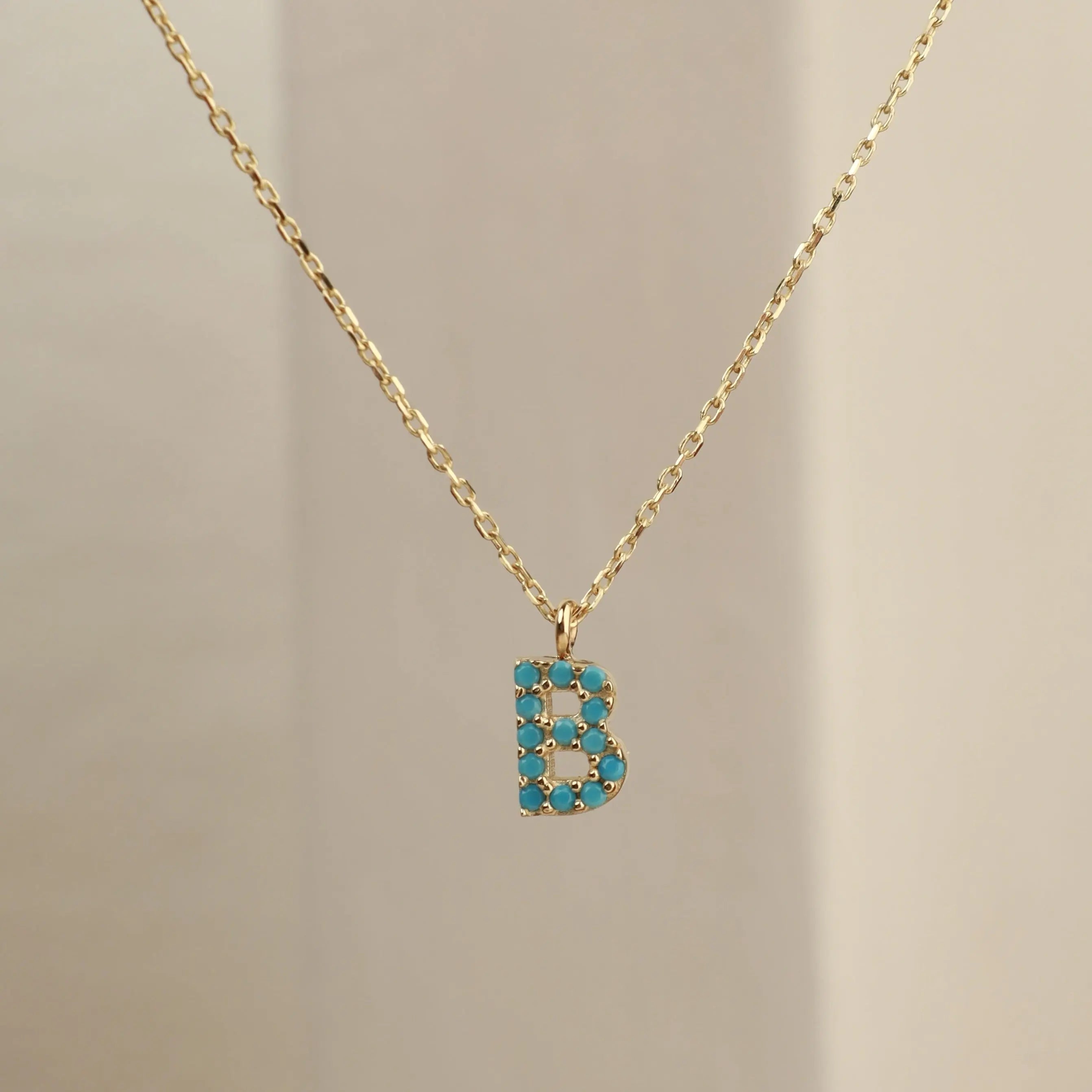 14 Karat Solid Gold Letter Necklace with Turquoise Stones , Personalized Jewelry Orizzo fine jewelry