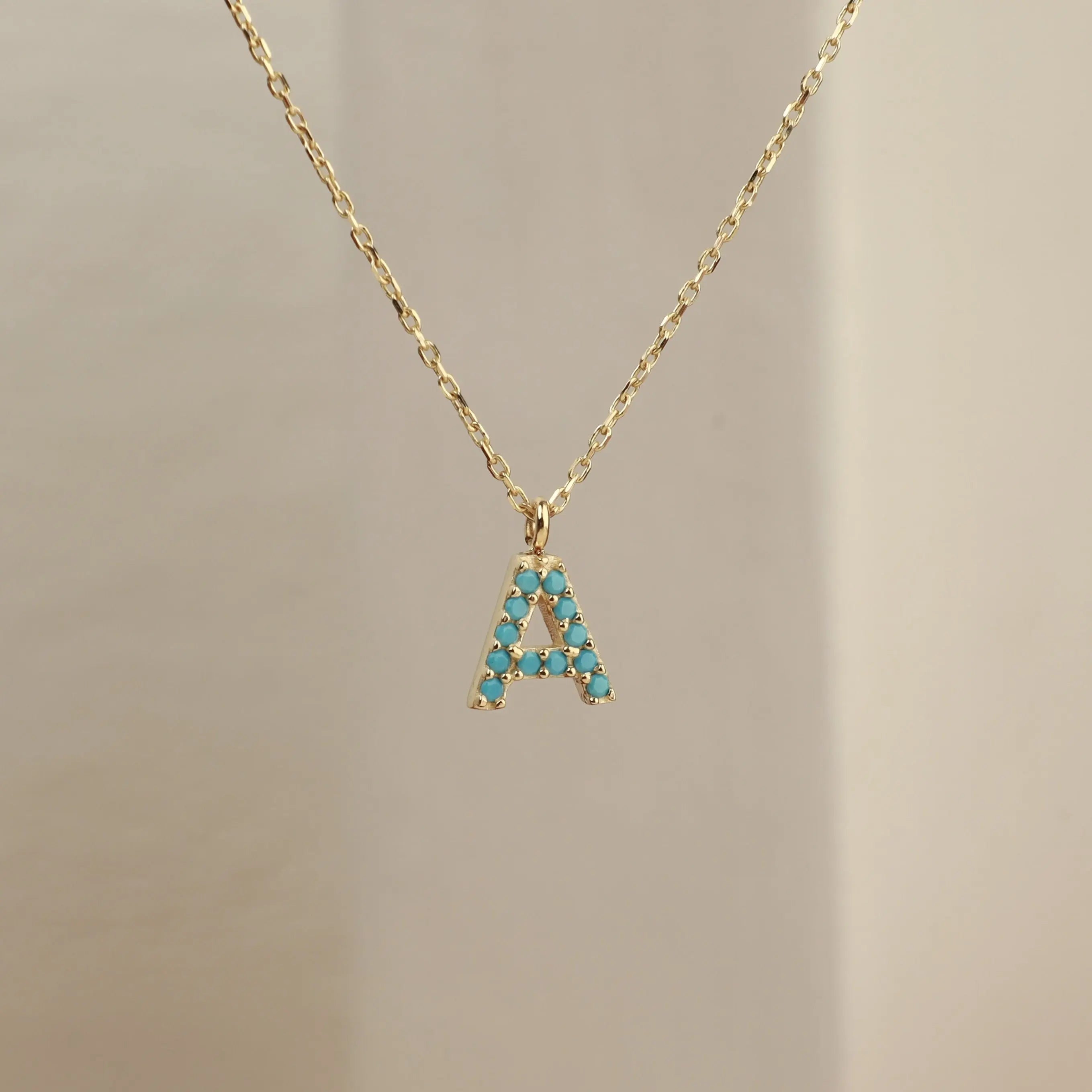 14 Karat Solid Gold Letter Necklace with Turquoise Stones , Personalized Jewelry Orizzo fine jewelry