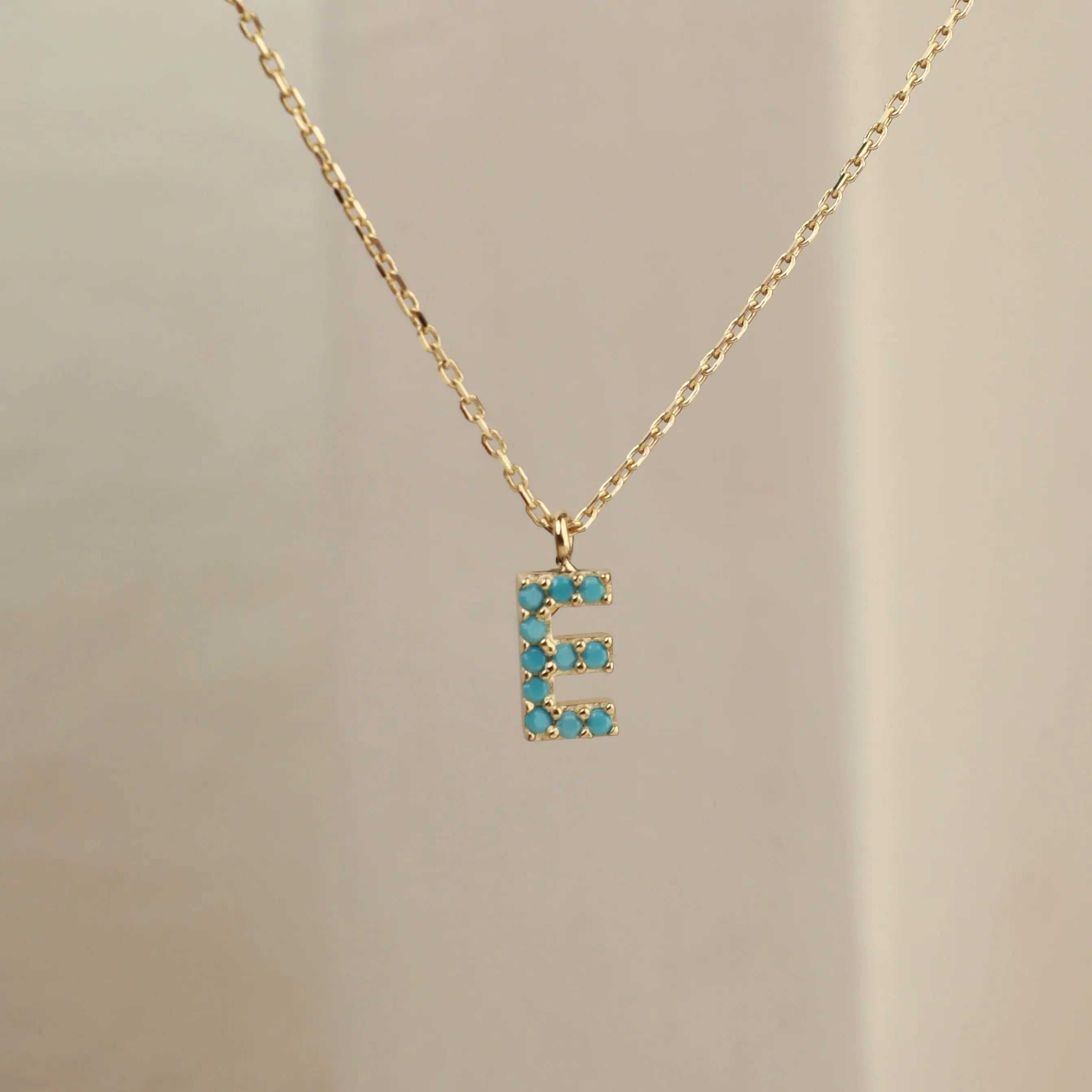 14 Karat Solid Gold Letter Necklace with Turquoise Stones , Personalized Jewelry Orizzo fine jewelry