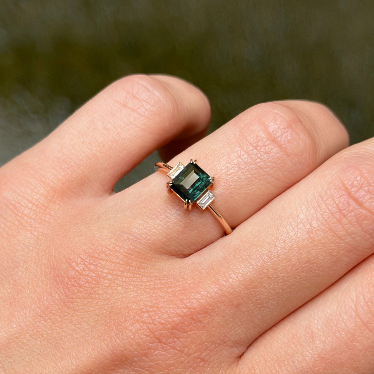 Teal Sapphire & Baguette Diamond Ring - Trinity