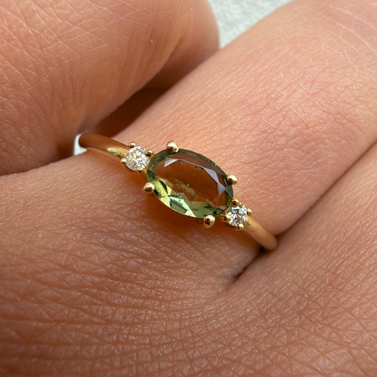 Horizontal Moldavite Ring With Diamond - Trinity