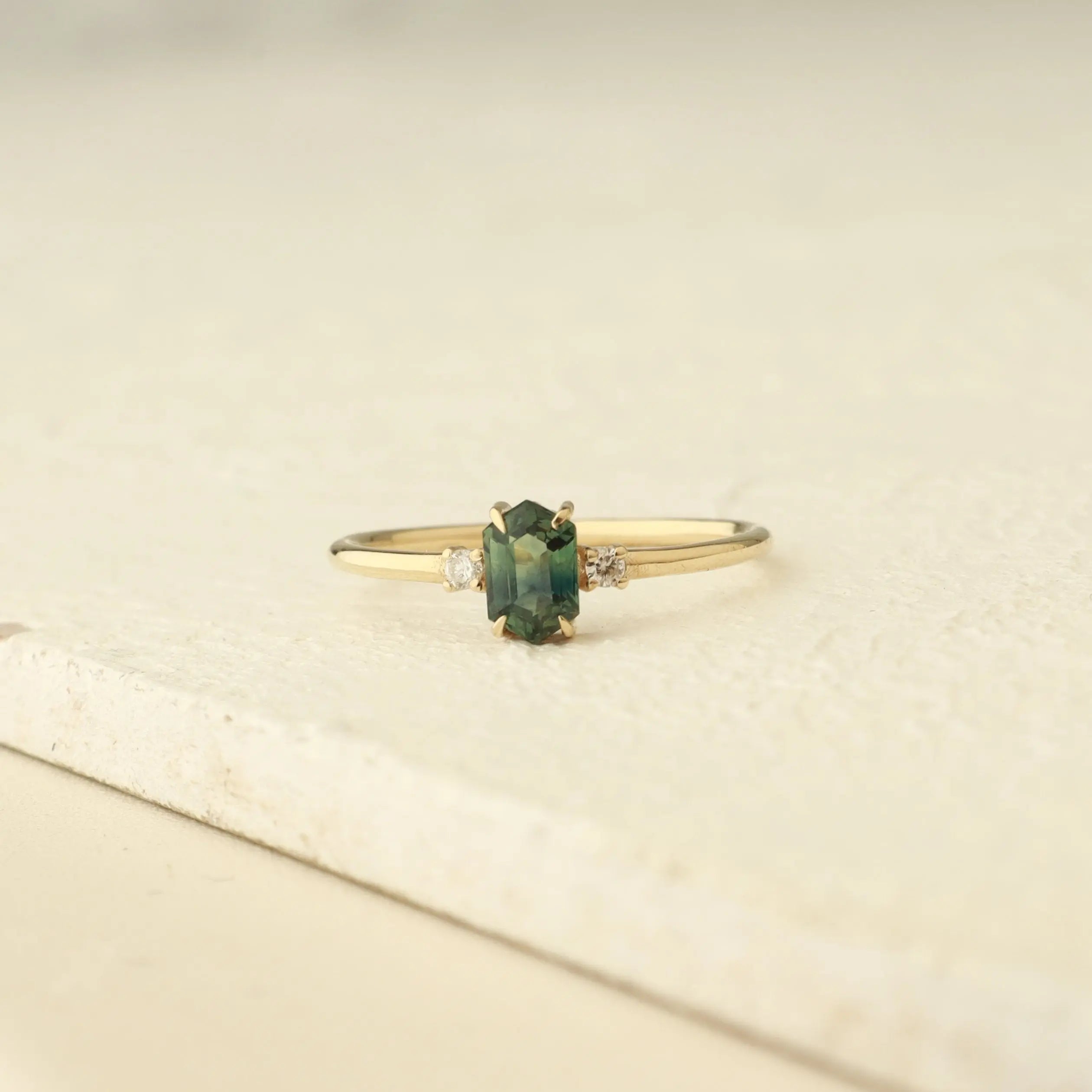 Hexagon Green Sapphire Three Stone Engagement Ring With Diamond Orizzo fine jewelry