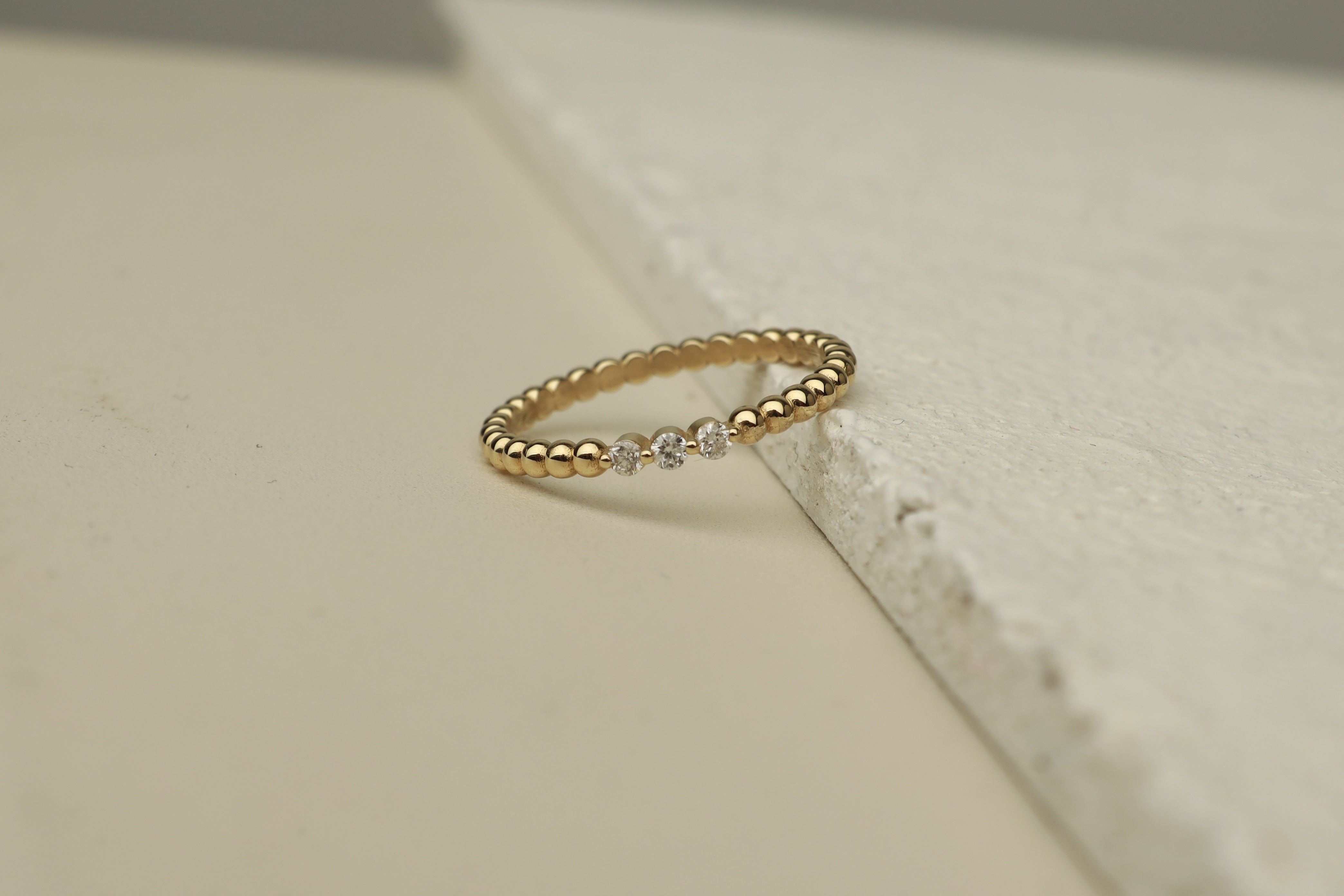 Beaded Gold Ring With Three Diamonds  In 14K Solid Gold