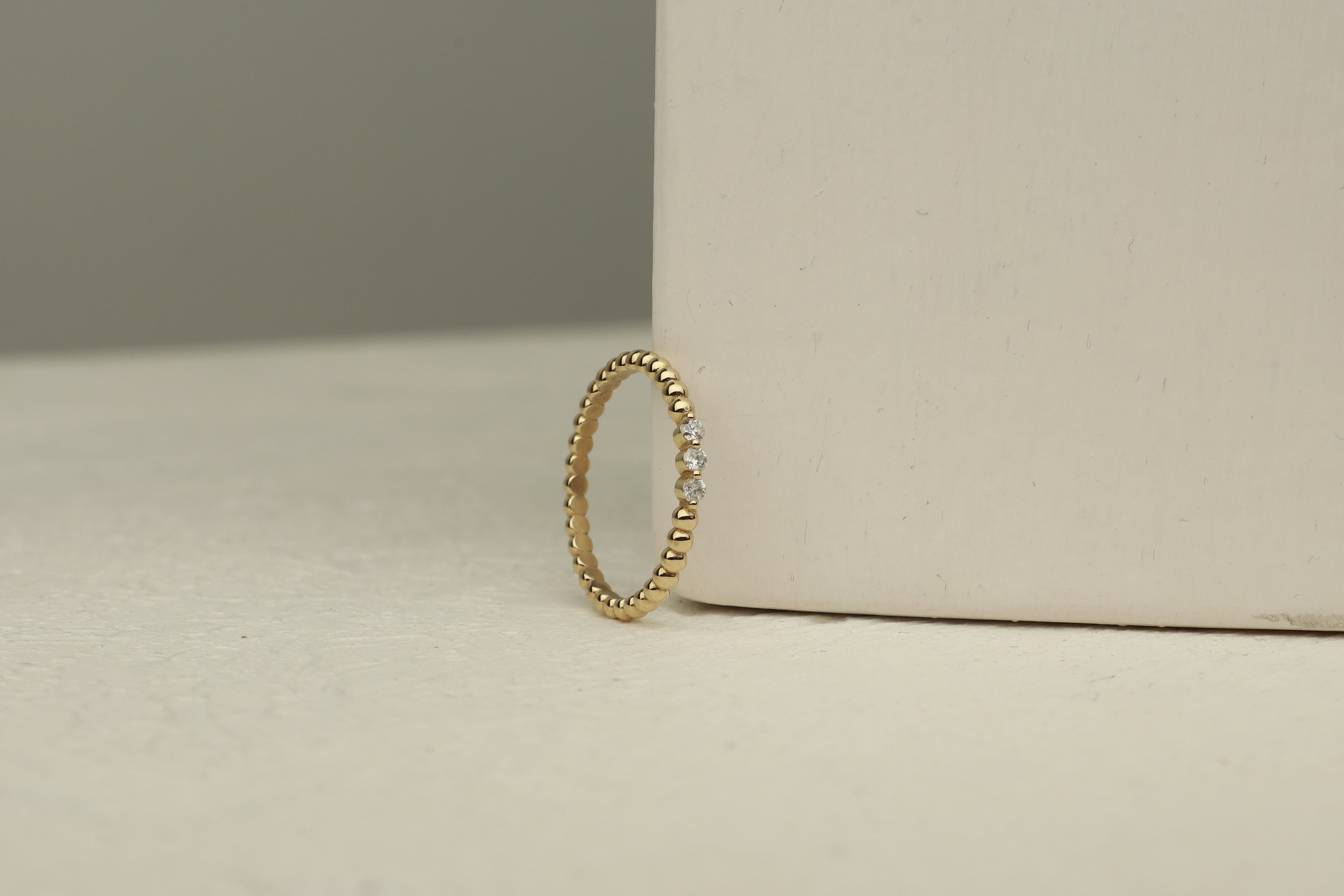 Beaded Gold Ring With Three Diamonds  In 14K Solid Gold