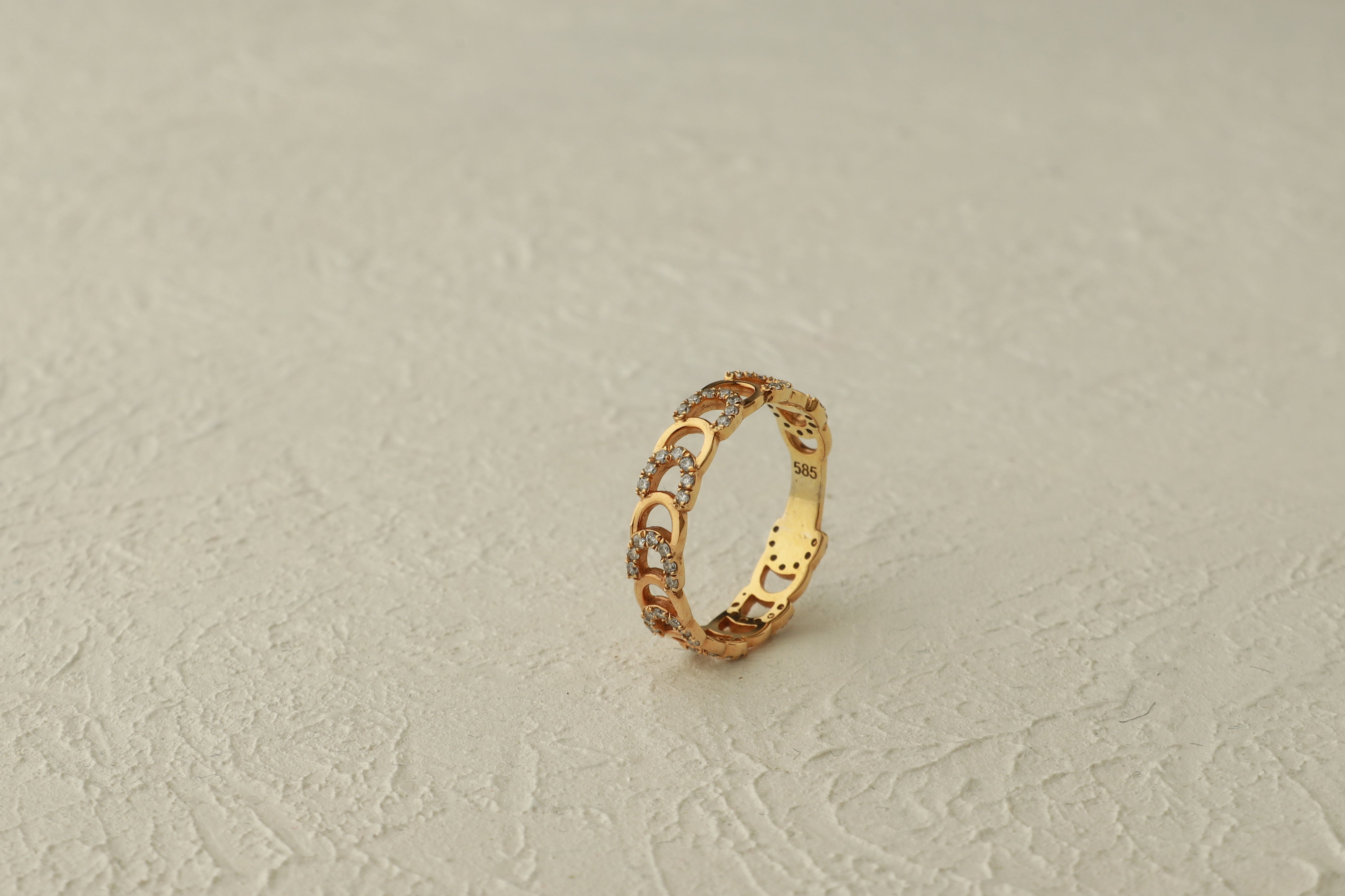 Chain Link Diamond Ring In 14K Solid Gold