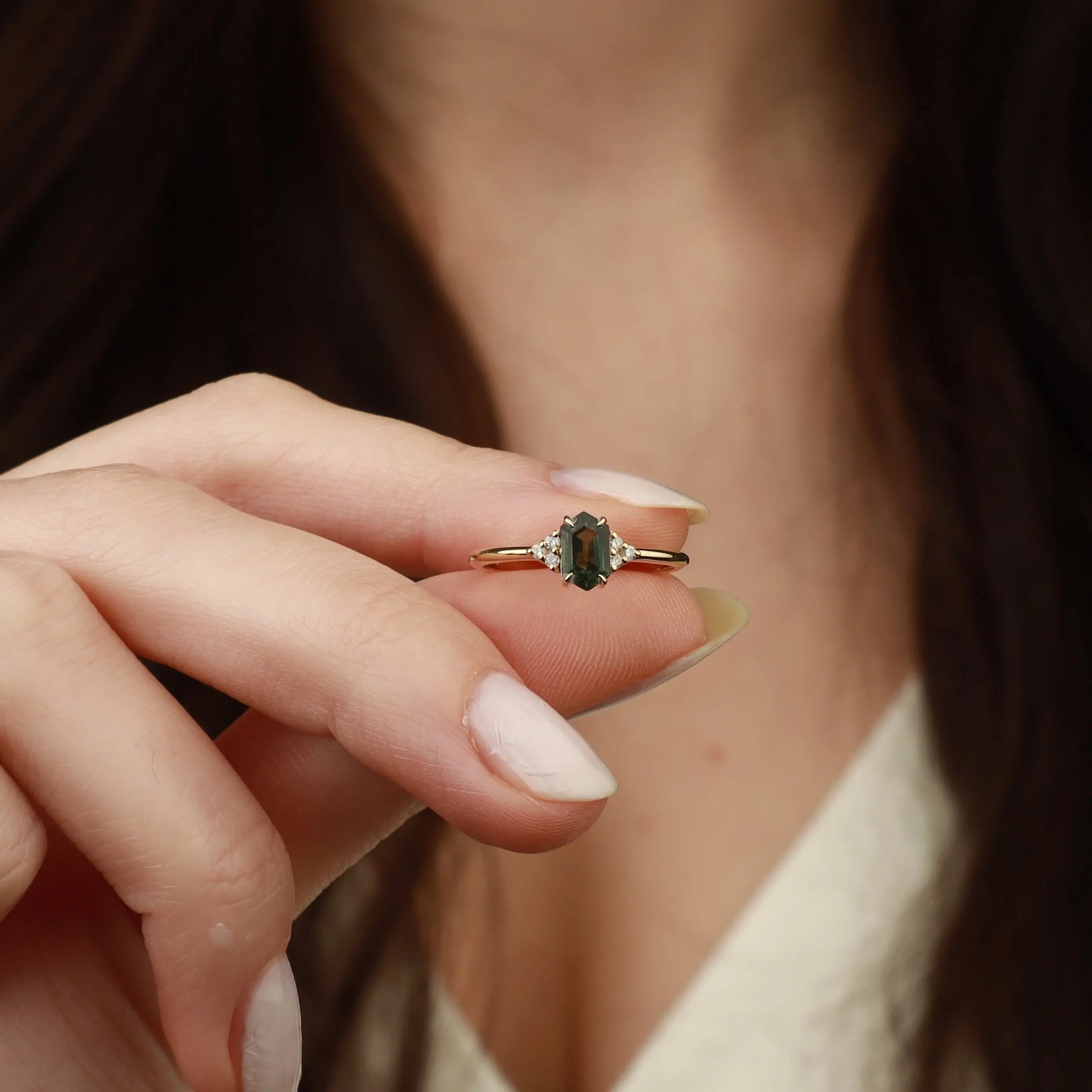 Art Deco Hexagon Green Sapphire Diamond Ring With Diamond Orizzo fine jewelry