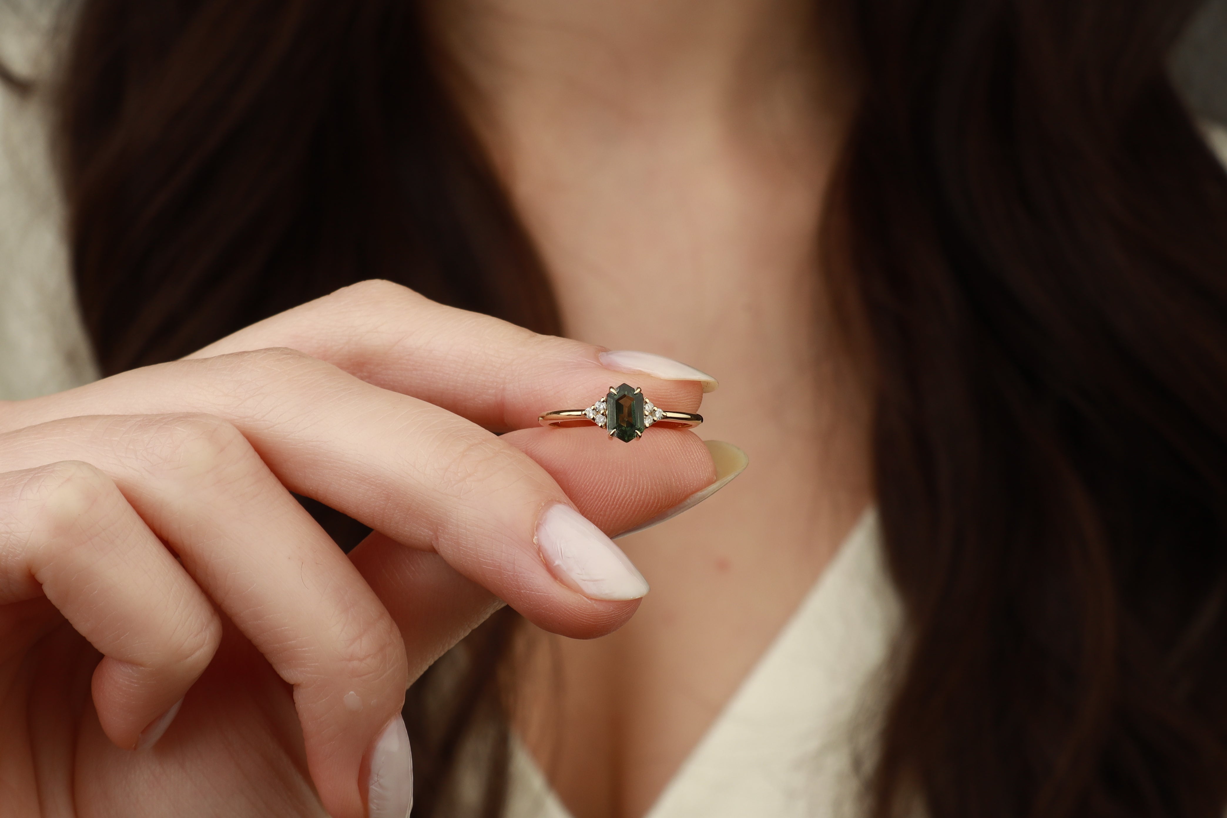 Art Deco Hexagon Green Sapphire Diamond Ring With Diamond Orizzo fine jewelry