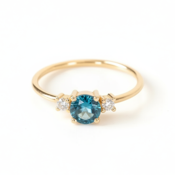Zásnubní prsten s londýnským modrým topazem a diamanty – tříkamenový design ze 14karátového zlato