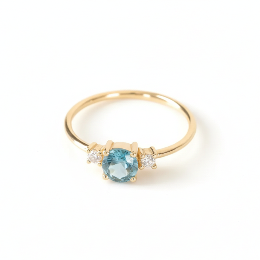 London Blue Topaz Three-Stone Engagement Ring With Diamond in 14K Solid Gold
