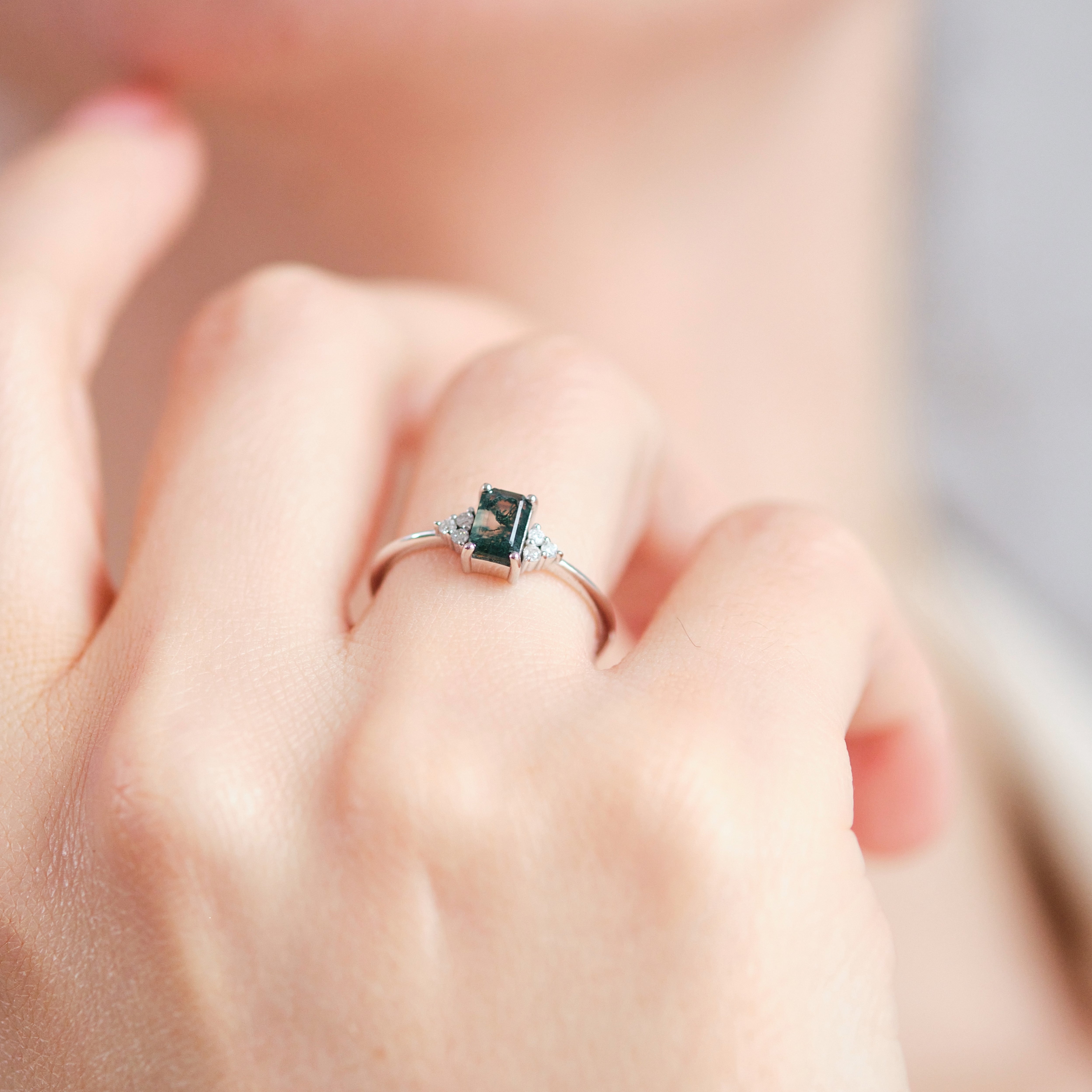 Moss Agate Engagement Ring With Diamond - Solenne
