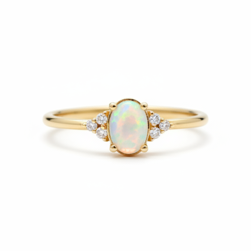 Zásnubní prsten s opálem a diamanty v art deco stylu ze 14k zlato