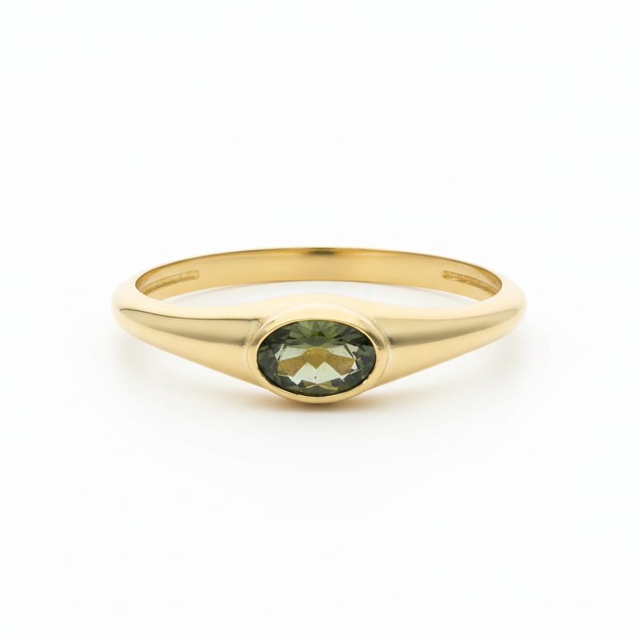 Oval Moldavite Signet 14K Gold Ring