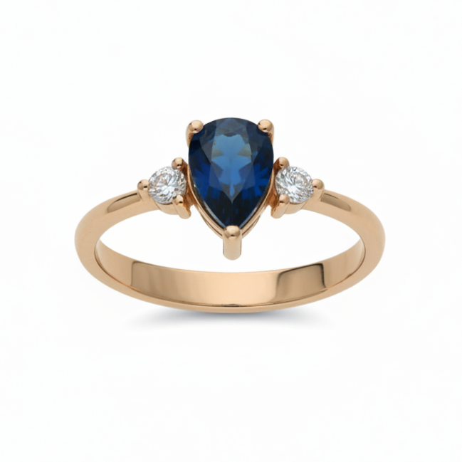 Tropfenförmiger Blauer Saphir Ring mit Diamant