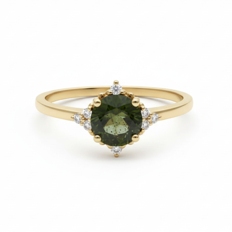 Round Moldavite Ring with Diamonds In 14K Gold