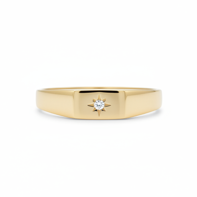14 Karat Gold Siegelring mit Diamant und Polarstern-Motiv
