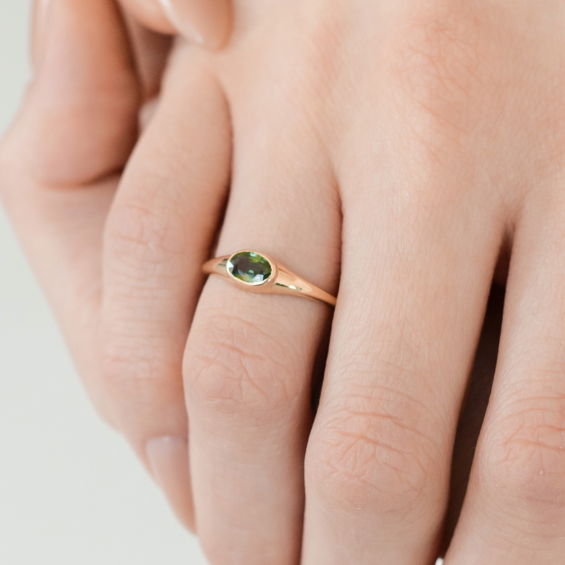 Oval Moldavite Signet 14K Gold Ring