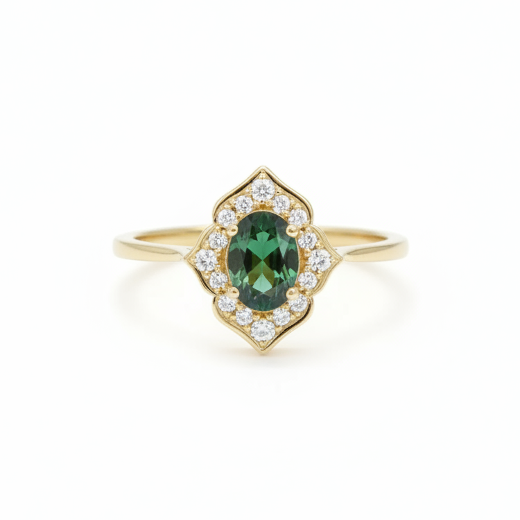 Vintage-inspirierter Grüner Saphir Ring mit Diamant