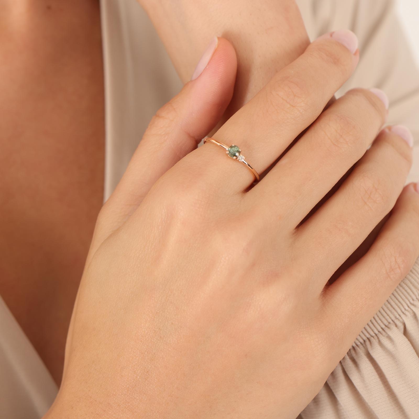 Green Sapphire Ring With Diamond - Double Stone Ring