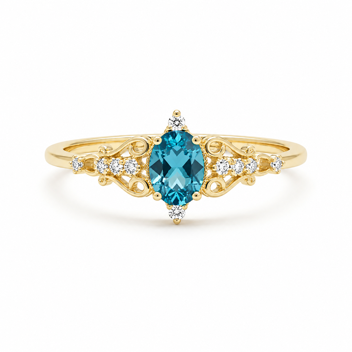 Antique Inspired Blue Topaz Ring With Diamond