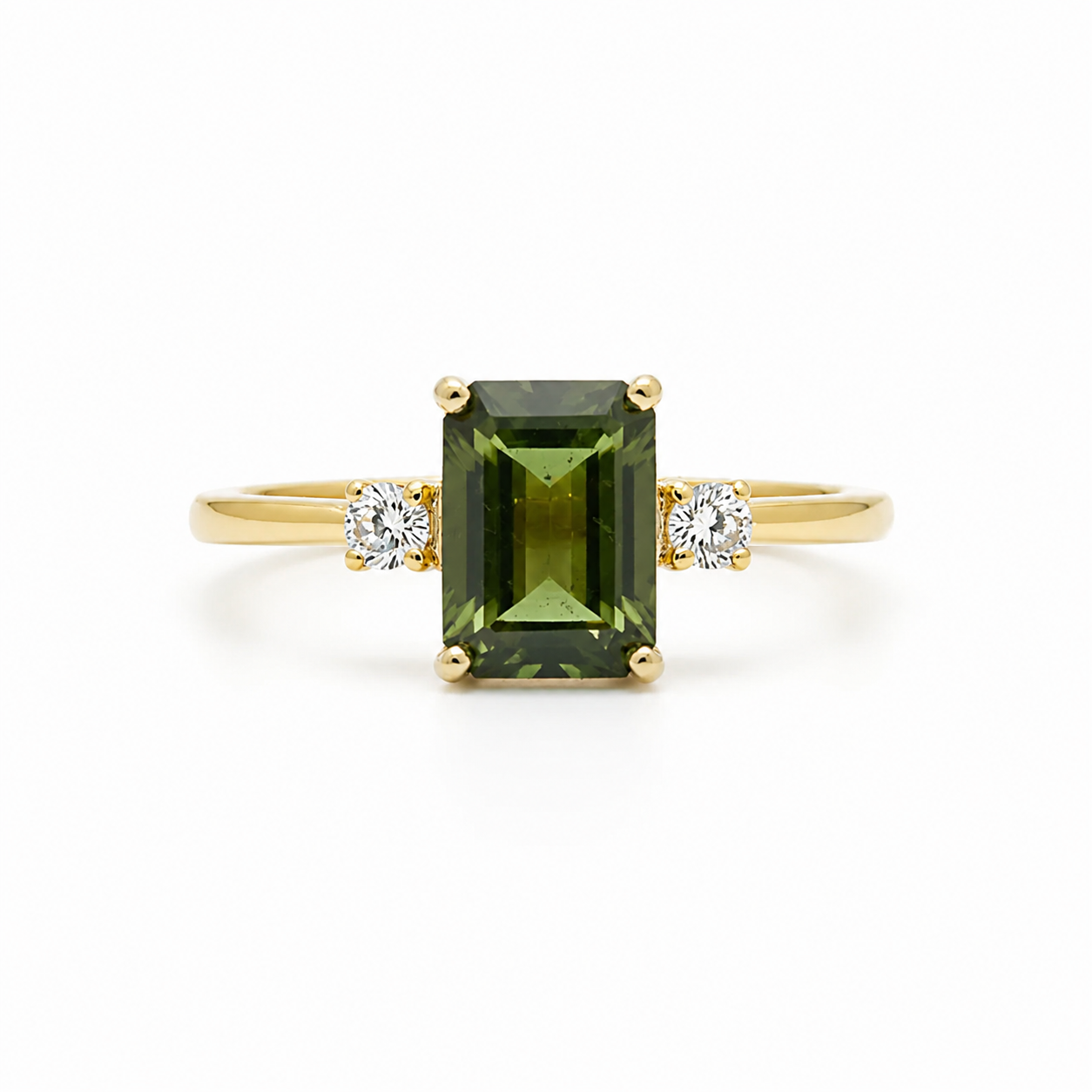 Emerald Cut Moldavite Engagement Ring With Diamonds - Trinity