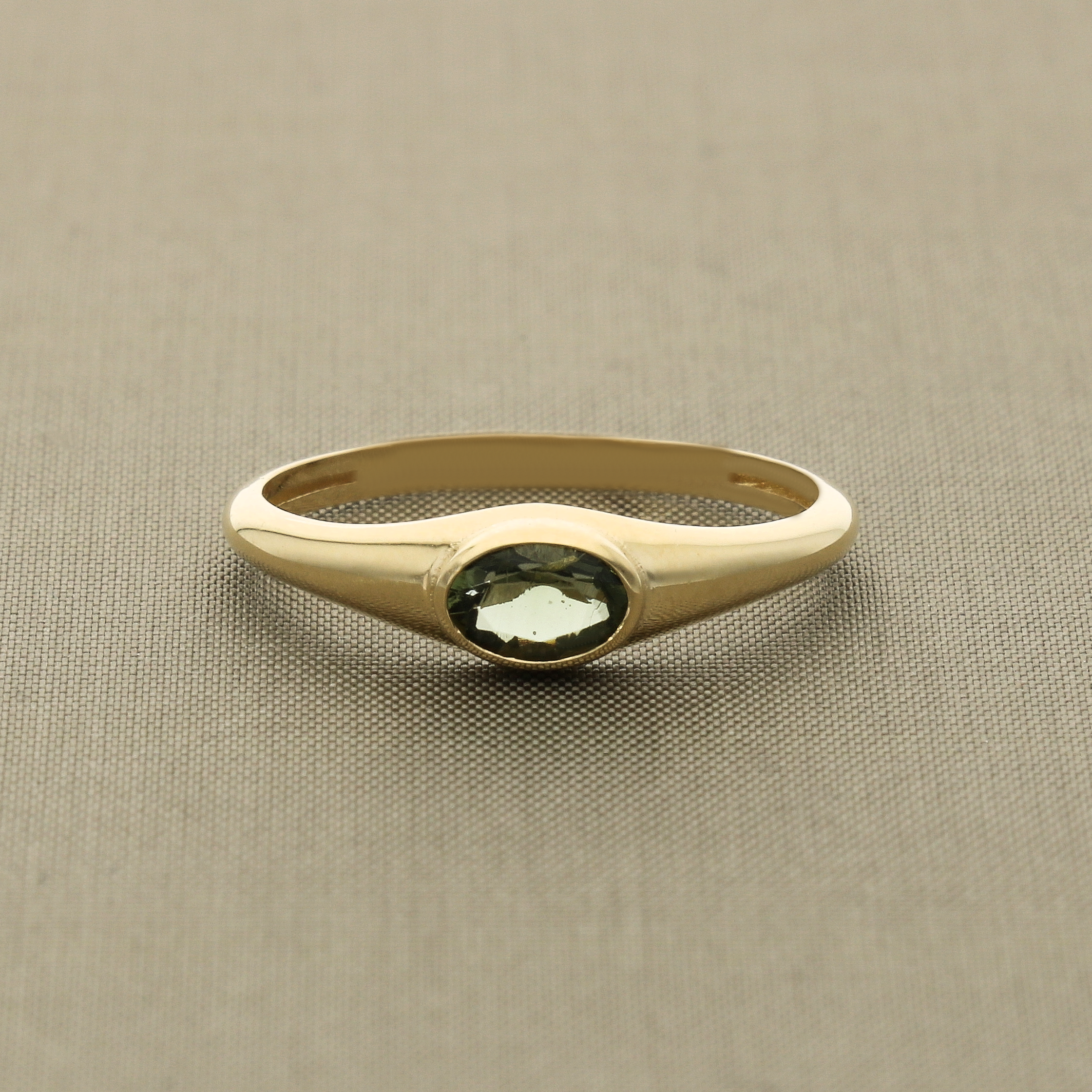 Oval Moldavite Signet 14K Gold Ring