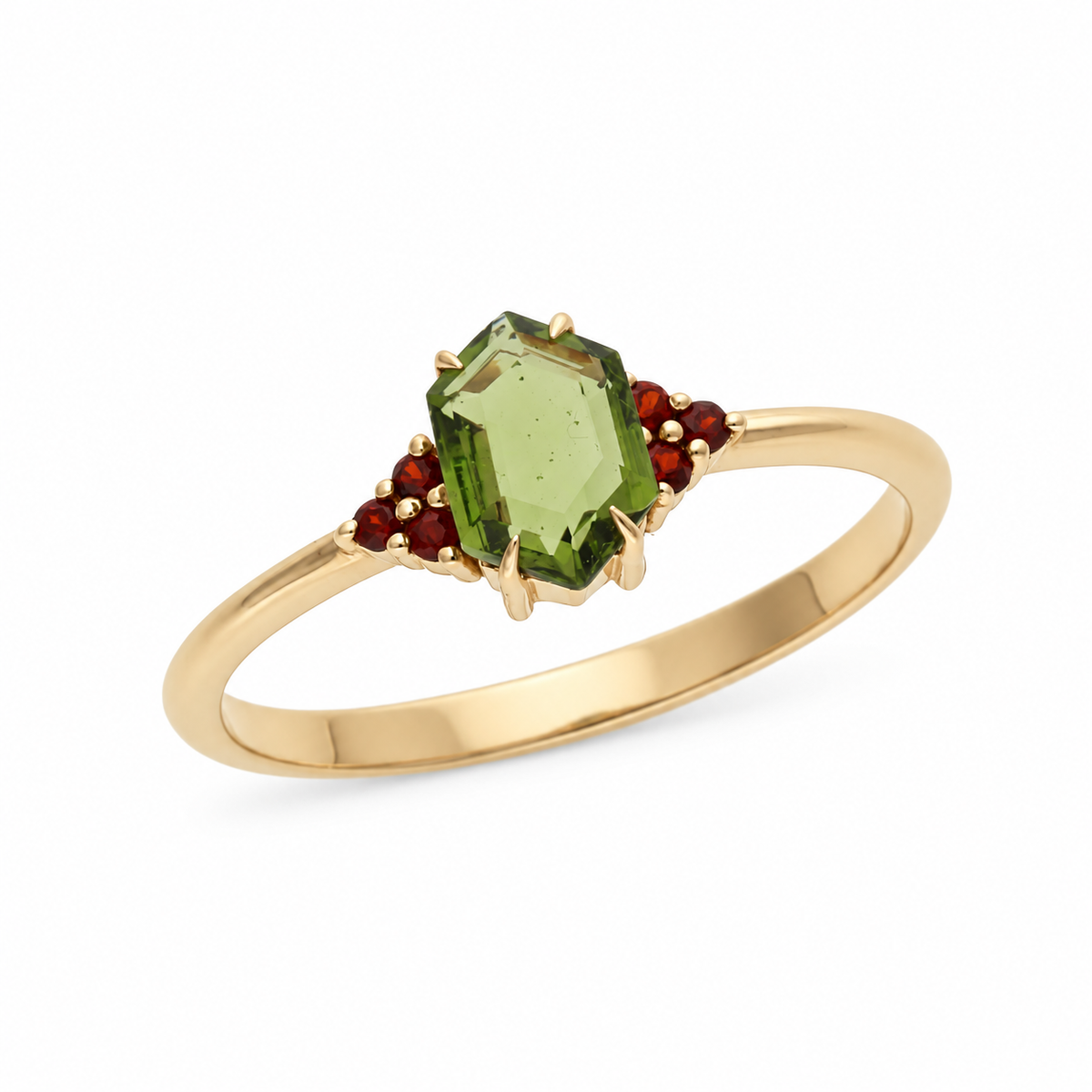 Hexagon Moldavite & Garnet Ring - Solenne