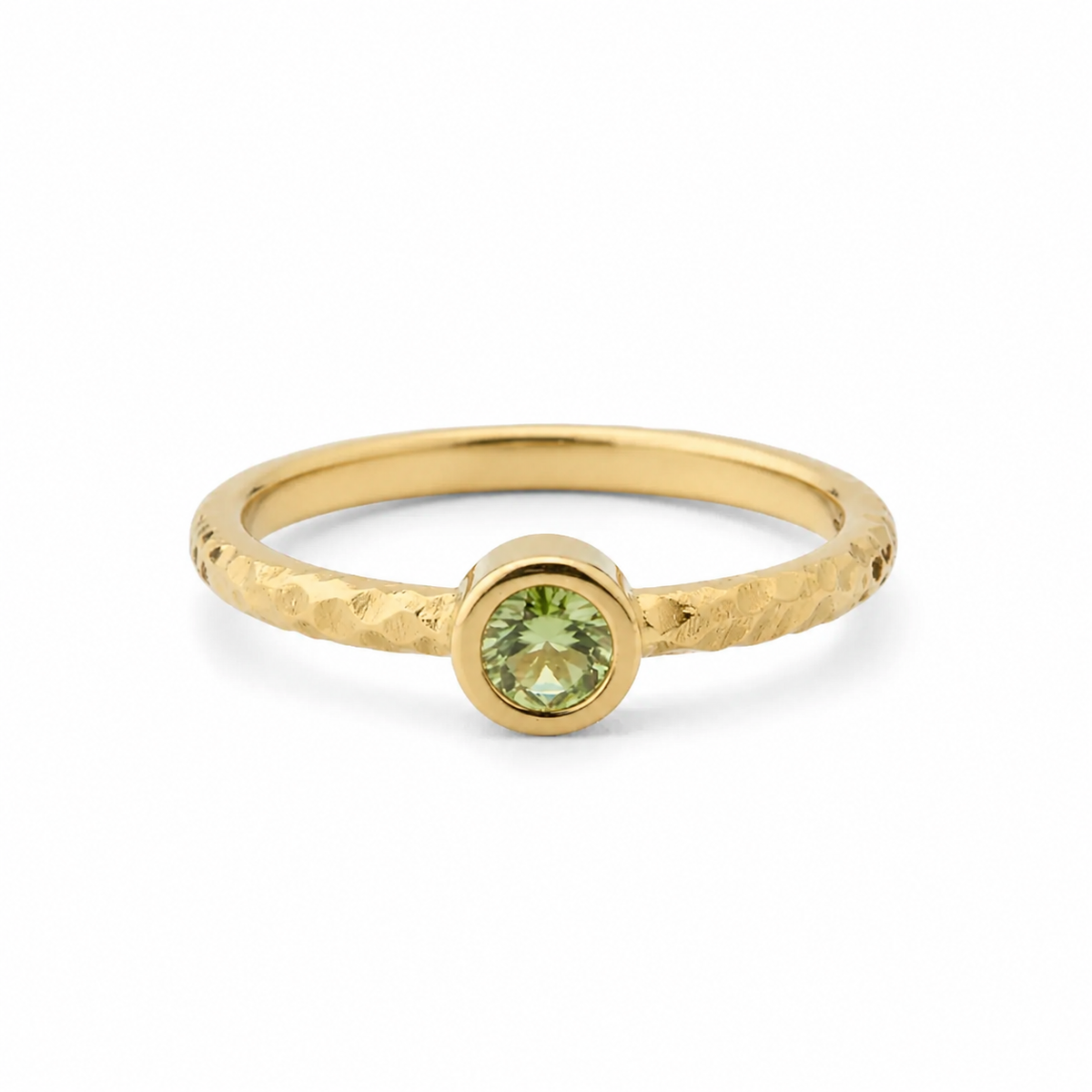 Bezel Set Green Sapphire Engagement Ring In Hammered Band