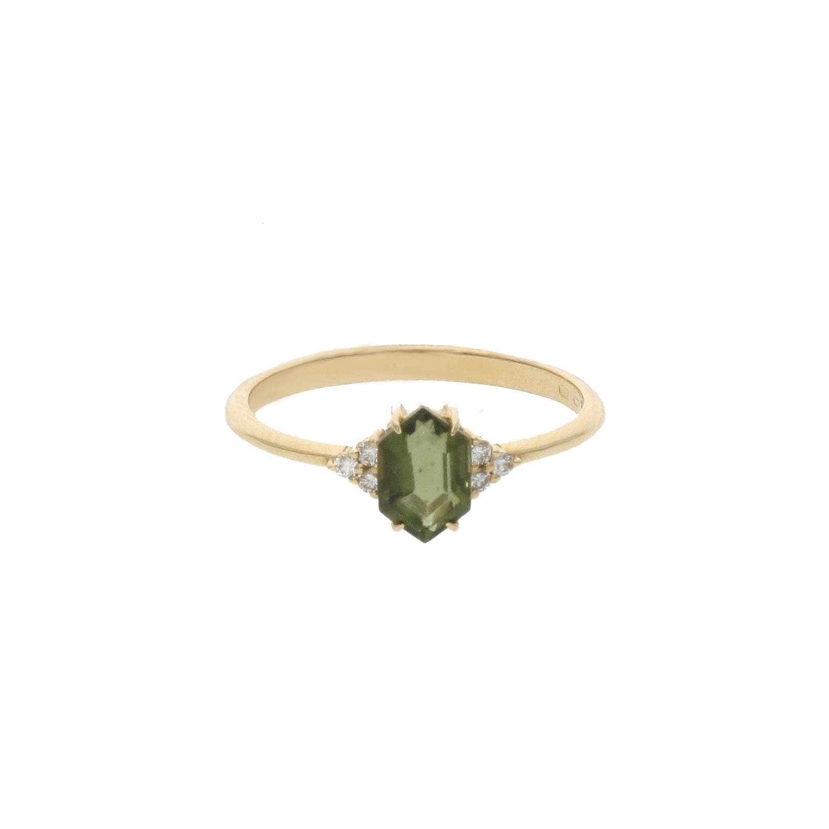 Moldavit-Goldring – Moldavit-Diamant-Verlobungsring – Massiver Moldavit-Schmuck – 14 Karat massiver Goldring mit Moldavit – Ring mit Sechskantschliff