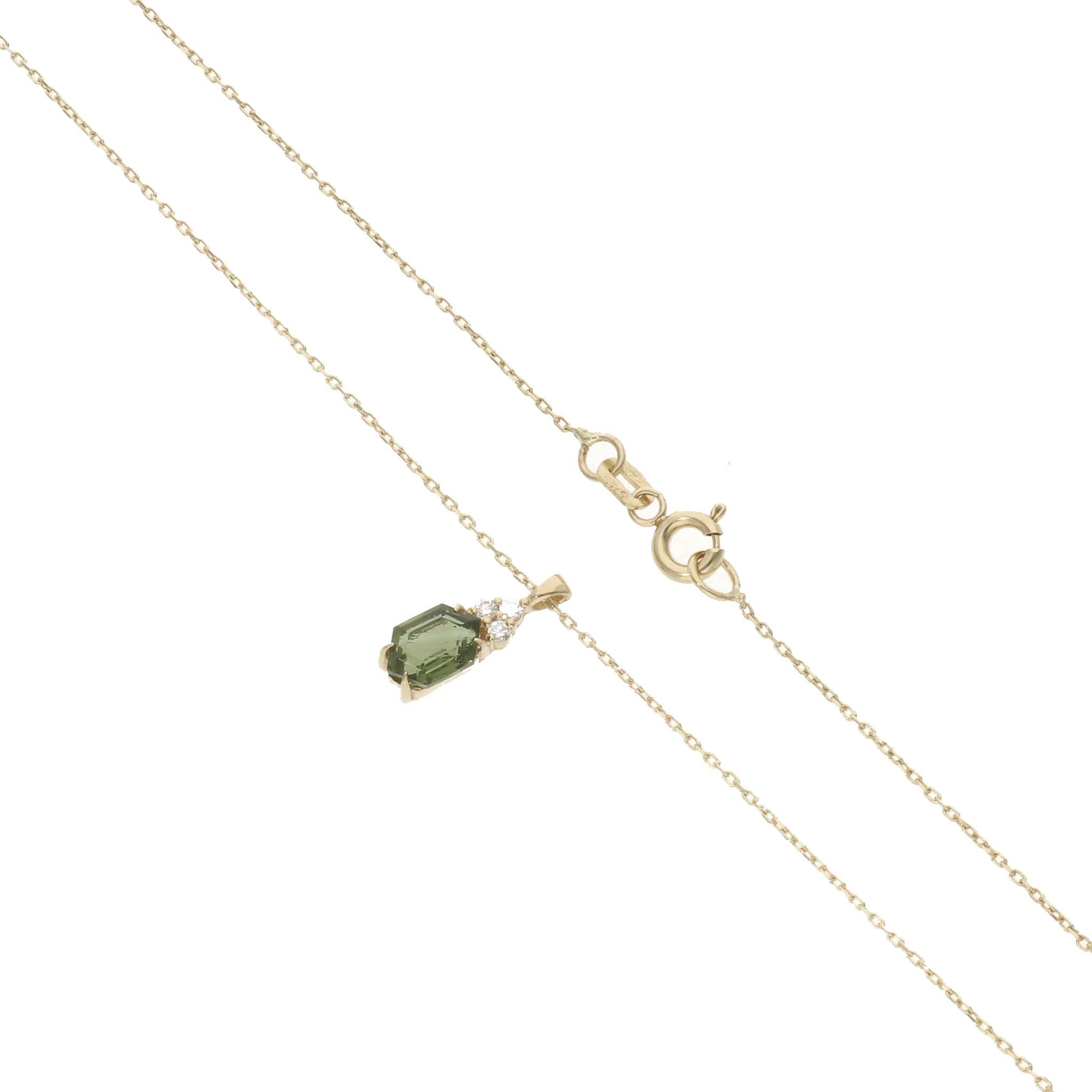 Moldavit-Goldkette – Sechseckige Moldavitkette mit Diamant – Massiver Moldavit-Schmuck aus Gold – 14 Karat massives Gold Vltavin