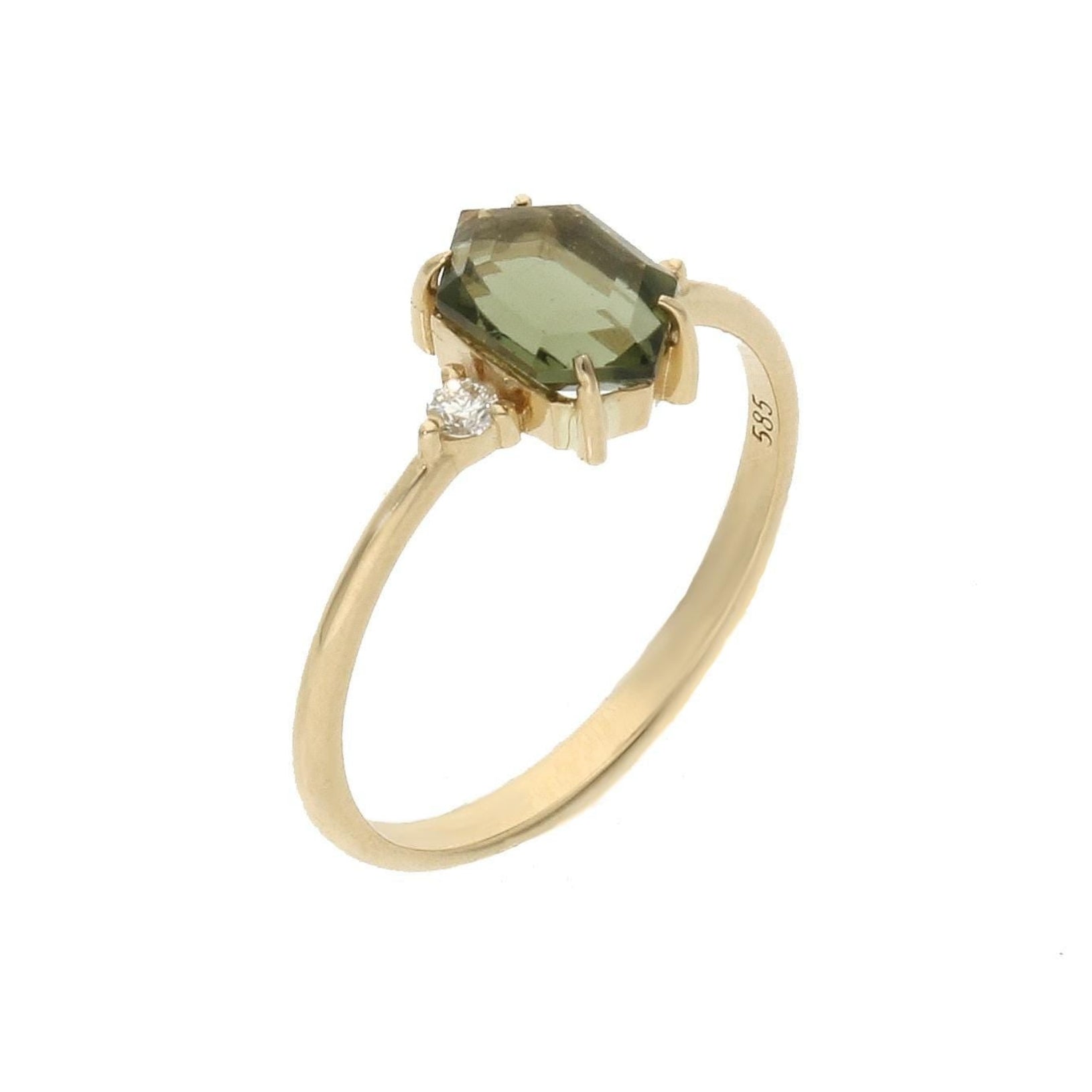 Prsten s vltavínem hexagonálního brusu a diamanty – Hexara Uno ze 14karátového zlato