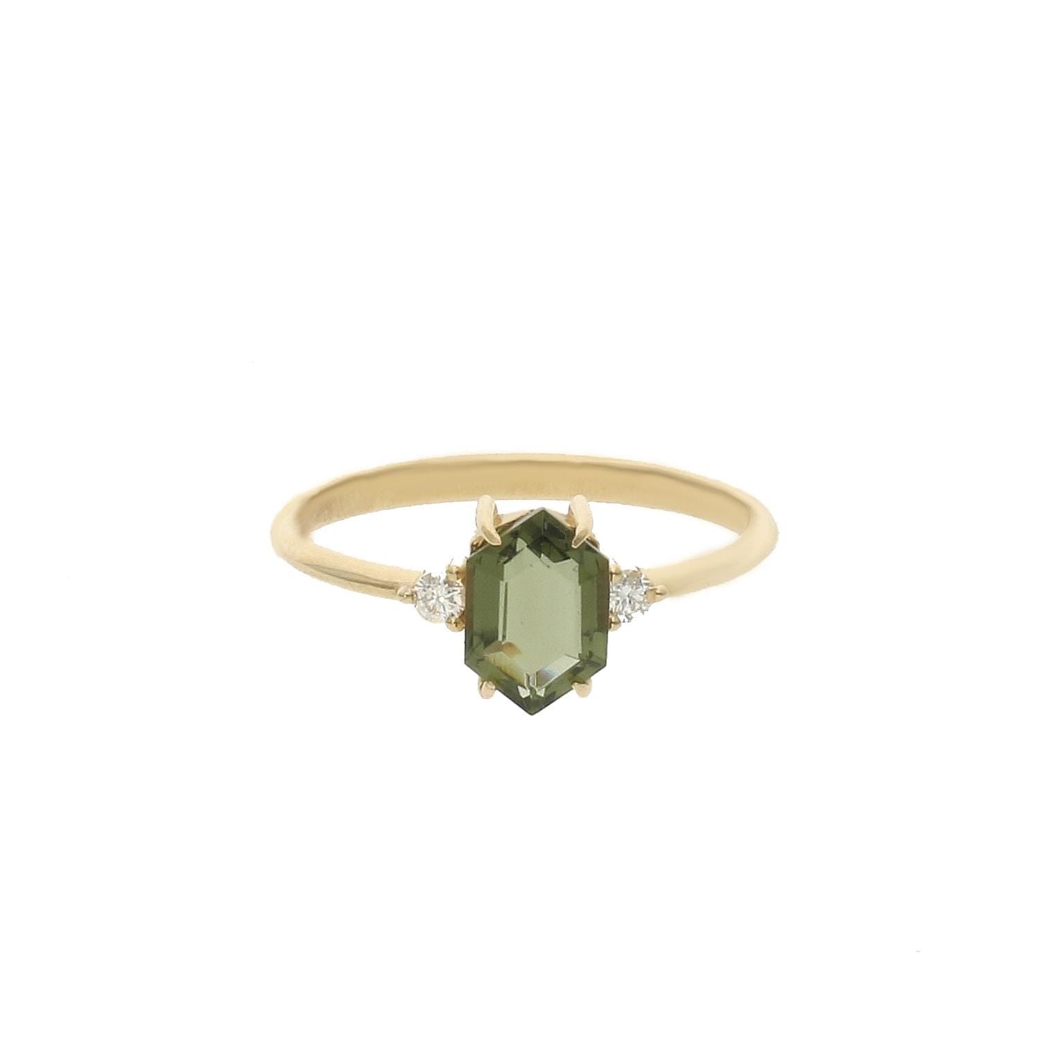 Moldavit-Ring mit Diamant – Moldavit-Verlobungsring – Massiver Moldavit-Schmuck – 14 Karat massiver Goldring mit Moldavit – Sechseckiger Ring