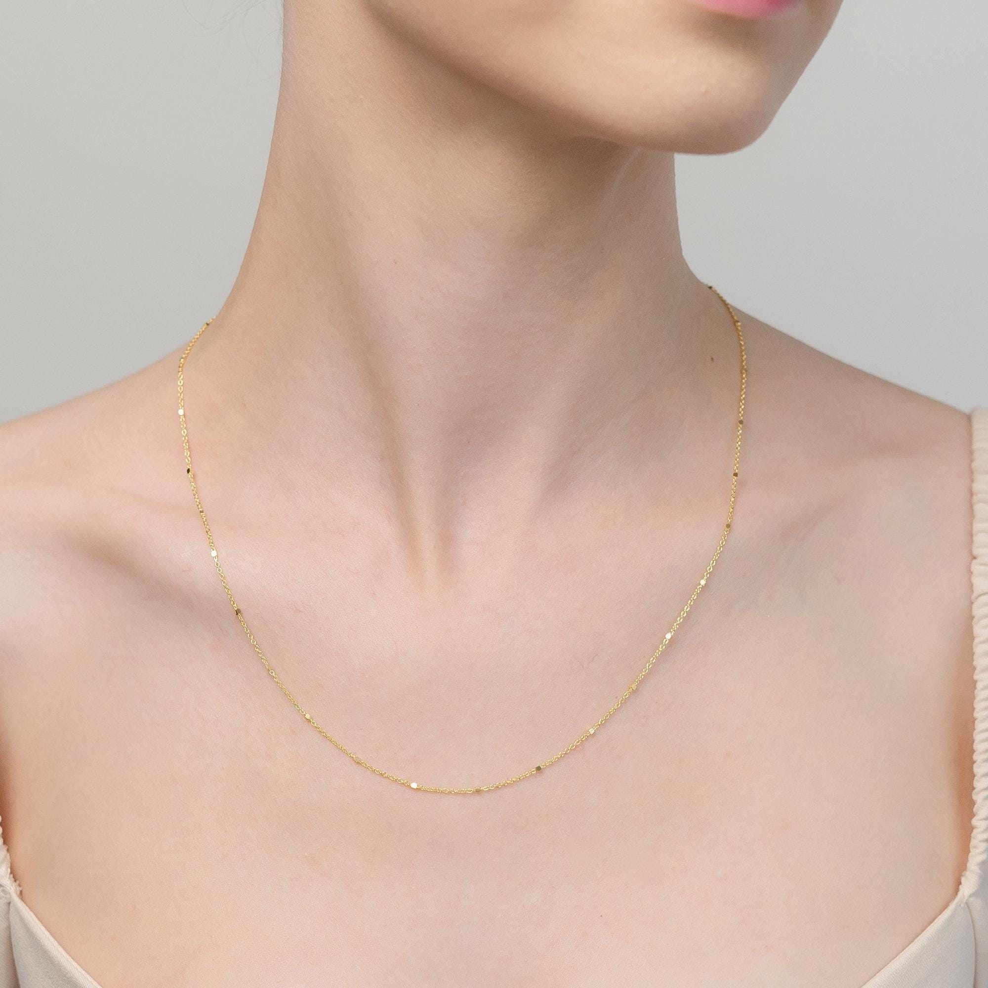 Halskette aus massivem 14-karätigem Gold – Minimalistische Halskette aus 14-karätigem Gold – Dünne Kabelkette mit quadratischen Perlen – Goldkette als Geschenk für Damen