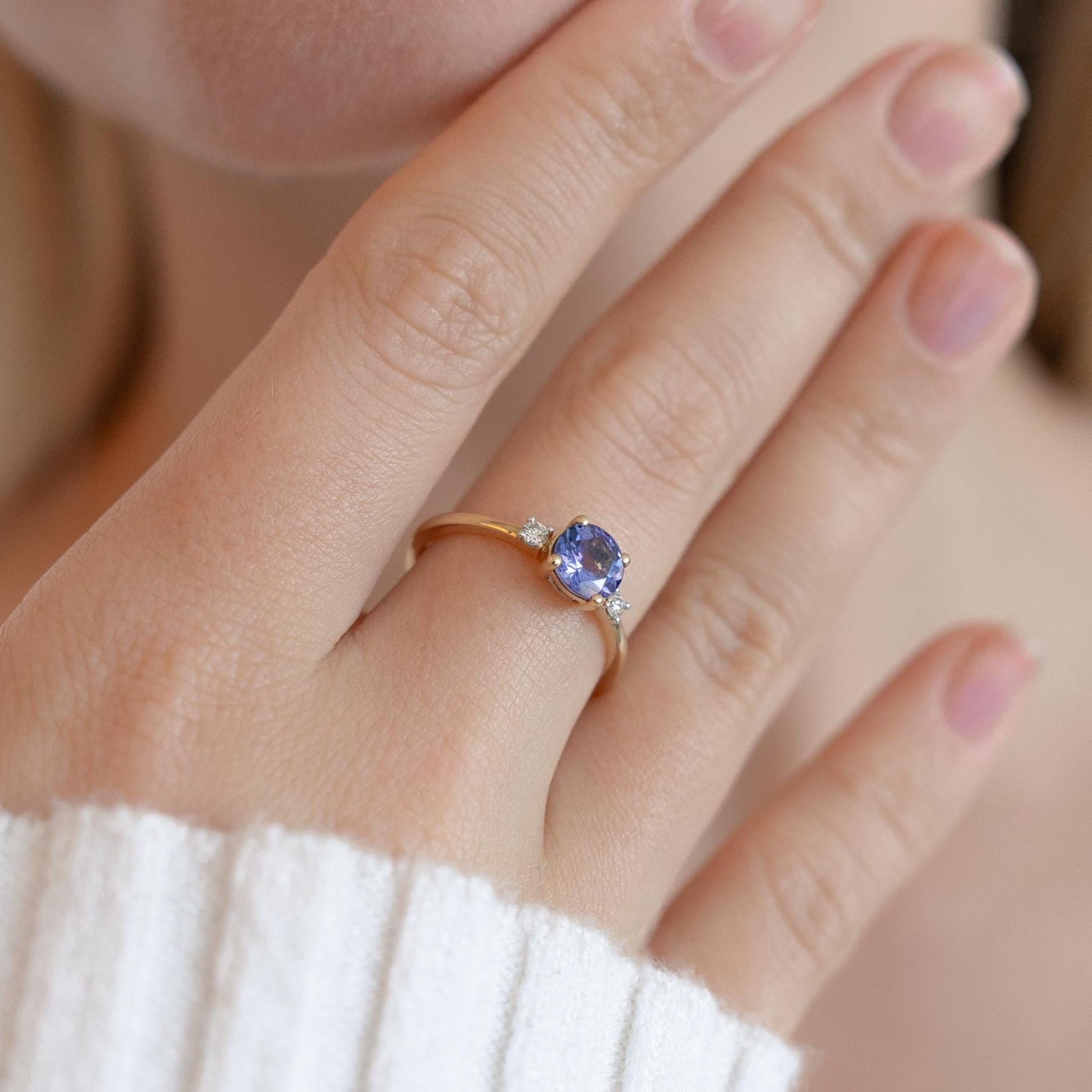 Tansanit-Verlobungsring mit Diamanten – Tansanit-Goldring – Dreistein-Tansanit-Diamantring – Propasal-Goldring