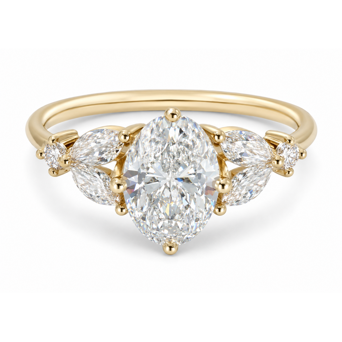 Oval Cut Diamond Engagement Ring with Marquise Side Diamonds - Lab Grown