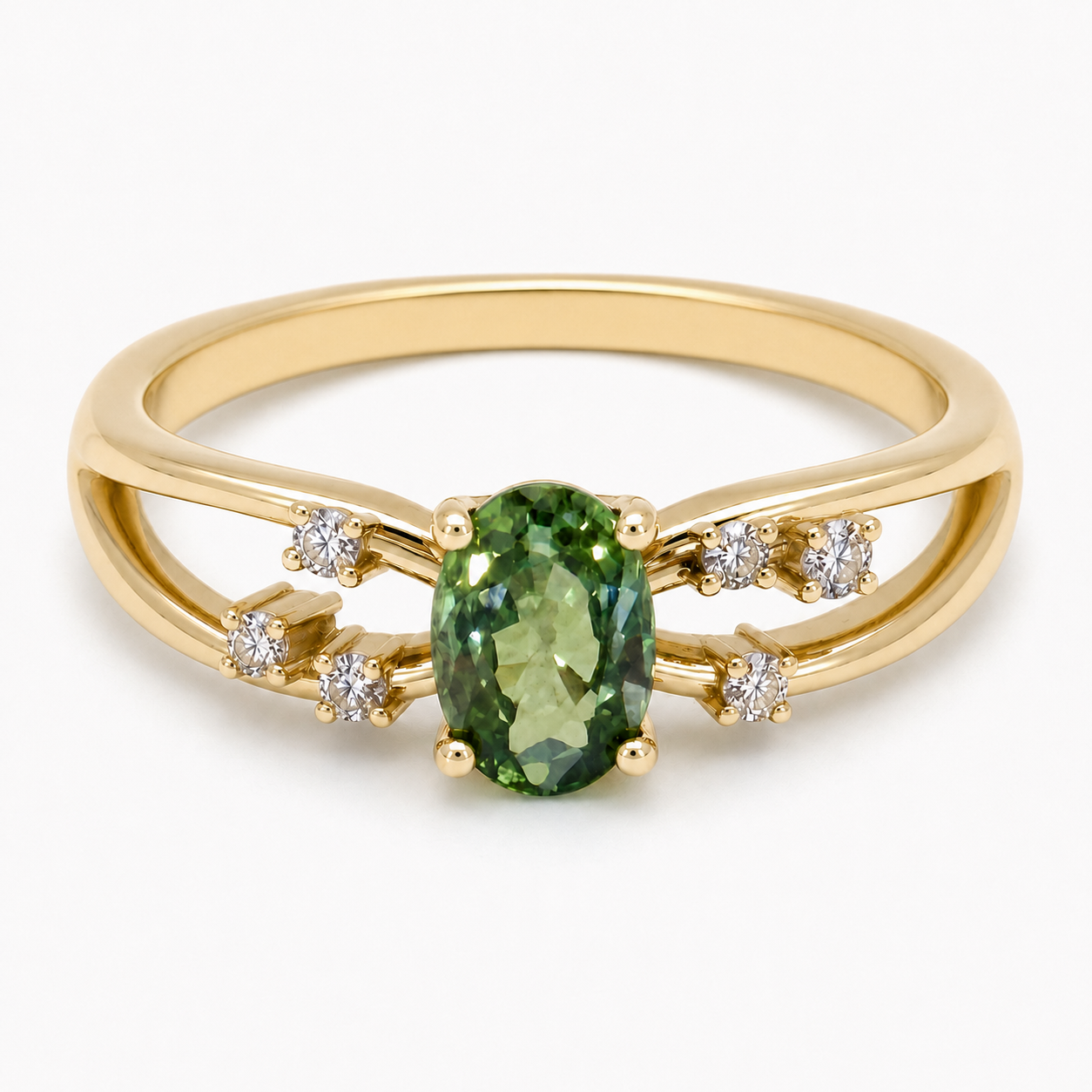 Oval Green Sapphire & Diamond Split Ring