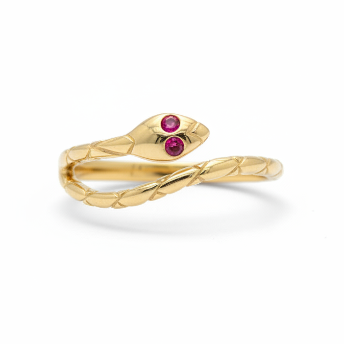 14K Solid Gold Snake Ring With Gemstone Eyes