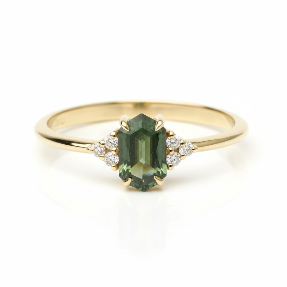 Hexagon Green Sapphire Ring With Diamond - Hexara Sapphire Ring