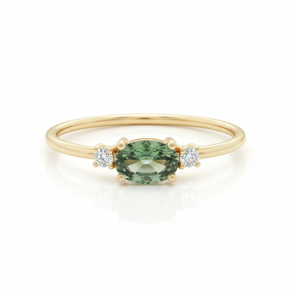 Horizontal Oval Green Sapphire Engagement Ring With Diamond