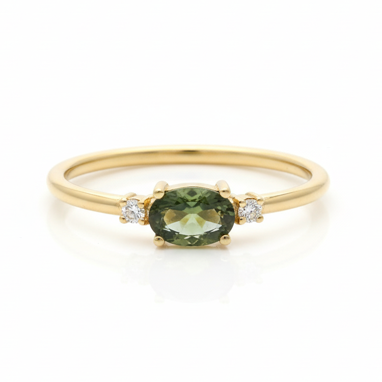 Horizontal Moldavite Ring With Diamond