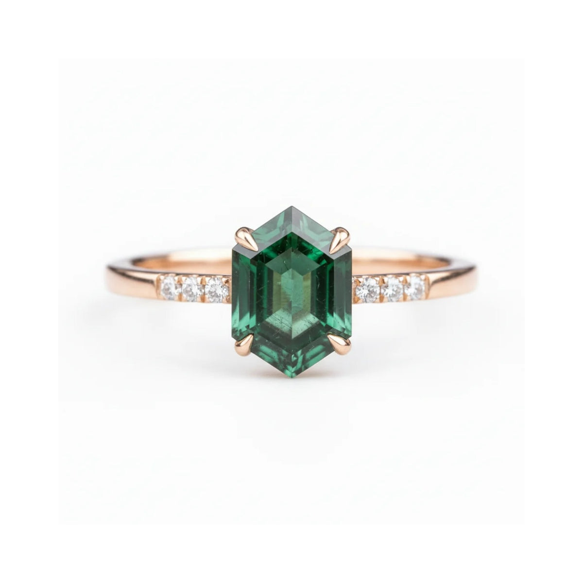Hexagonal Green Sapphire Engagement Ring With Diamond