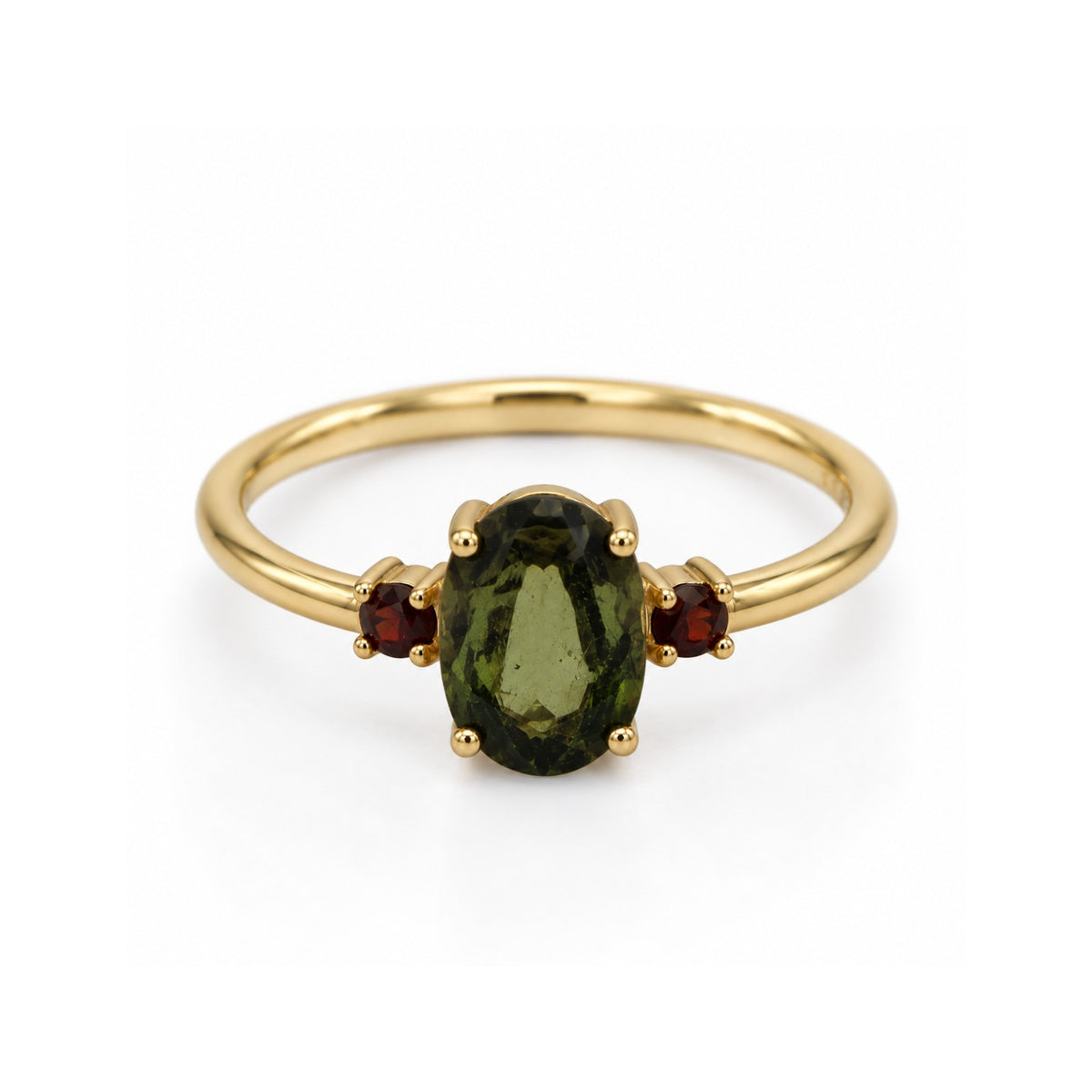 Oval Moldavite with Garnet Engagement Ring - Trinity