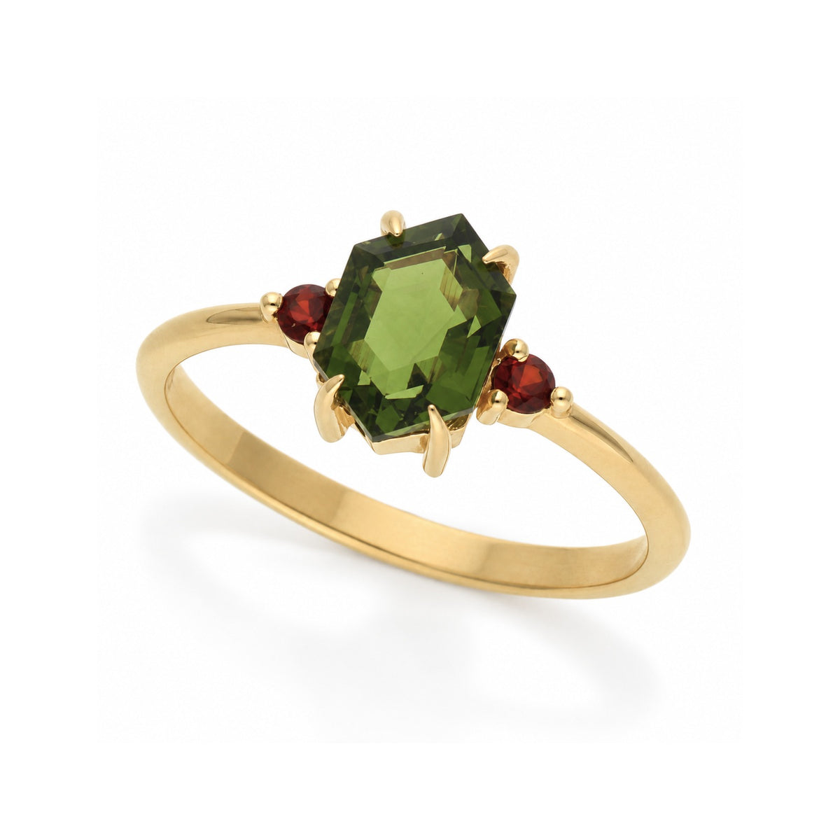 Hexagon Moldavite & Garnet Engagement Ring - Trinity