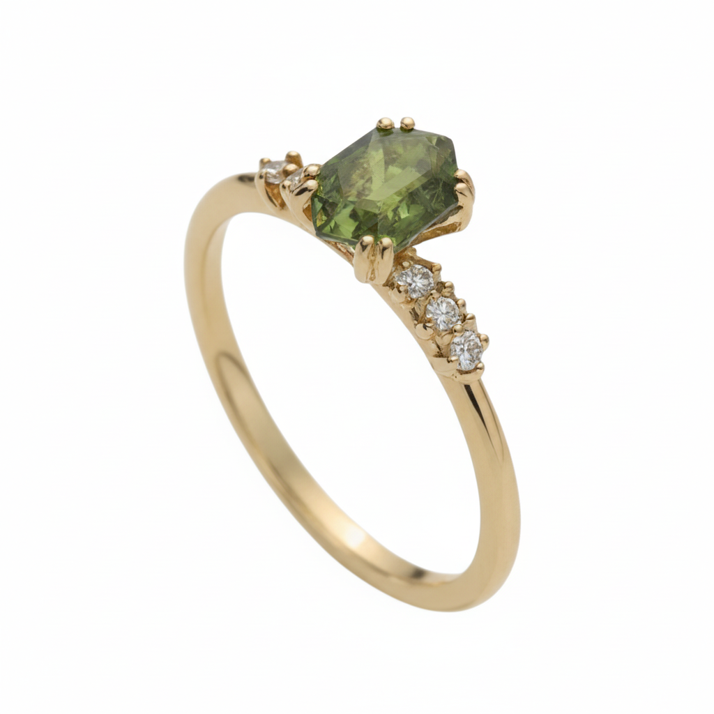Hexagon Cut Moldavite Ring With Diamond