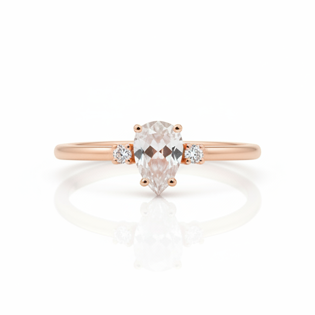 Pear Shape Rose Cut White Sapphire Ring - White Background