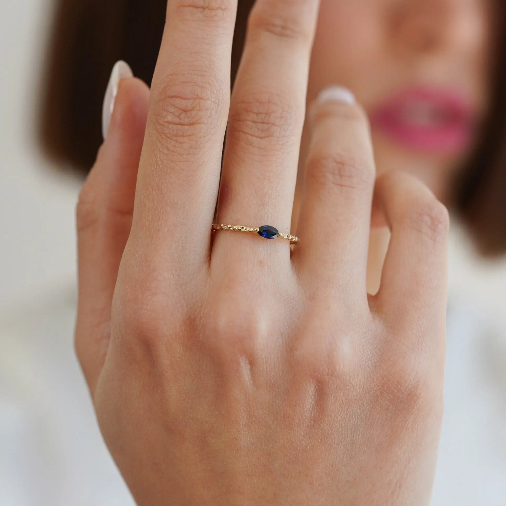 Dainty Sapphire Ring , Sapphire Ring , Gold Ring , Solid Gold Ring , Hammered Gold Ring , Stackable Gold Ring , Matte Gold Ring ,