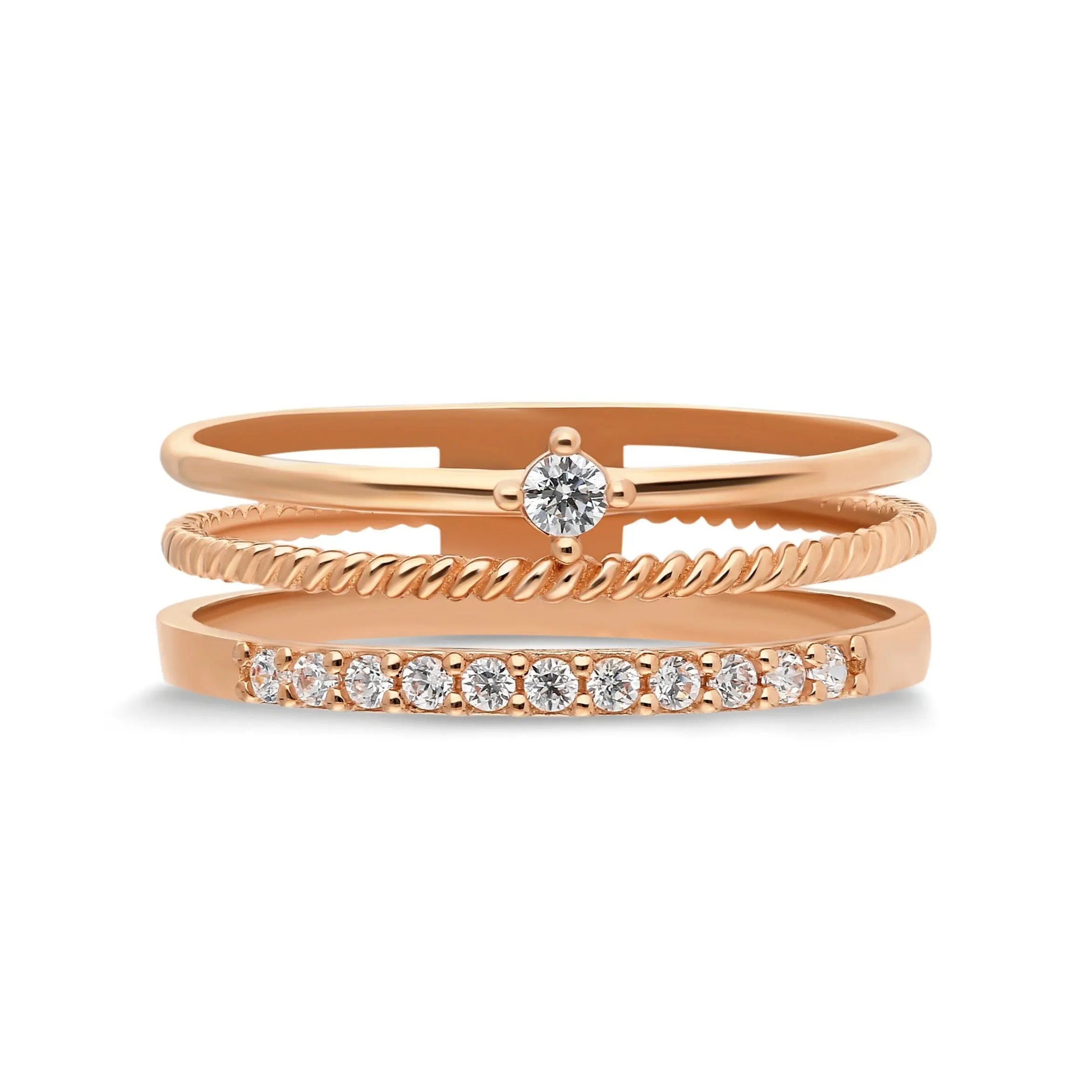 Diamond Ring , Triple Diamond Ring , Solid Gold Ring , Triple Ring , Trio Ring , Gift For Her , Triplr Gold Ring