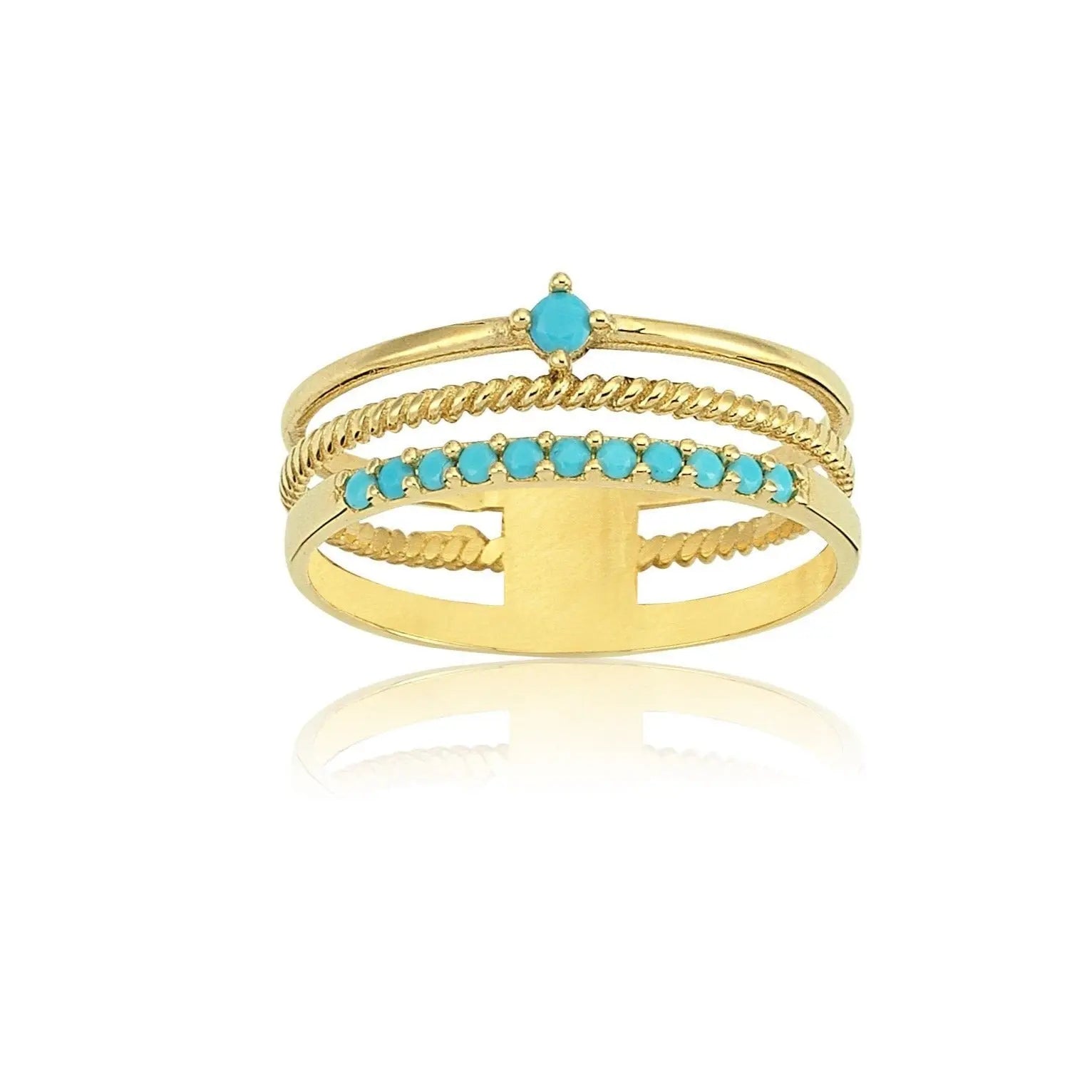 Turquoise Ring , Solid Gold Ring , Yellow Gold Ring , Trinity ring , Triple Ring